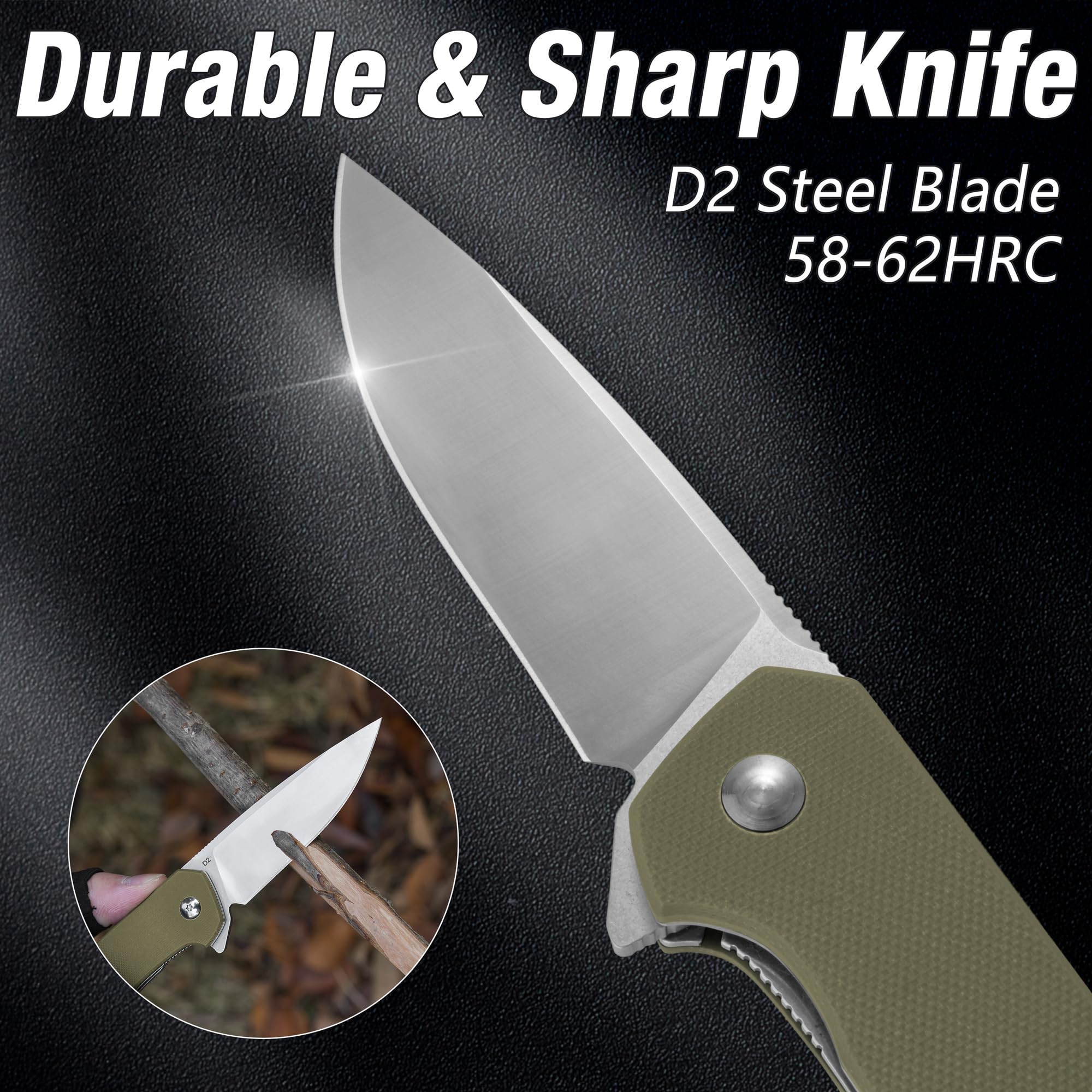 FLISSA Pocket Knife, Folding Tactical Knife with G10 Handle, D2 Blade, Liner Lock, Pocket Clip, EDC Knife for Hiking, Camping, Survival, Indoor and Outdoor Activities(Green)