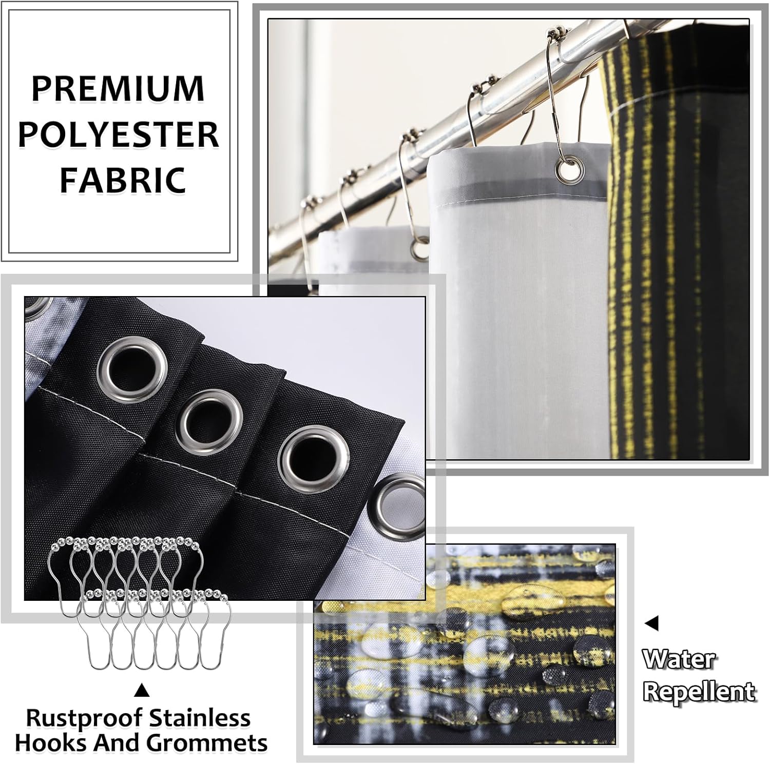 XLHOMO Bathroom Sets with Shower Curtain and Rugs - Luxury Black Bathroom Accessories Set, Shower Curtain Set, Non-Slip Bathroom Rug, Black and Gold Bathroom Decor for Home