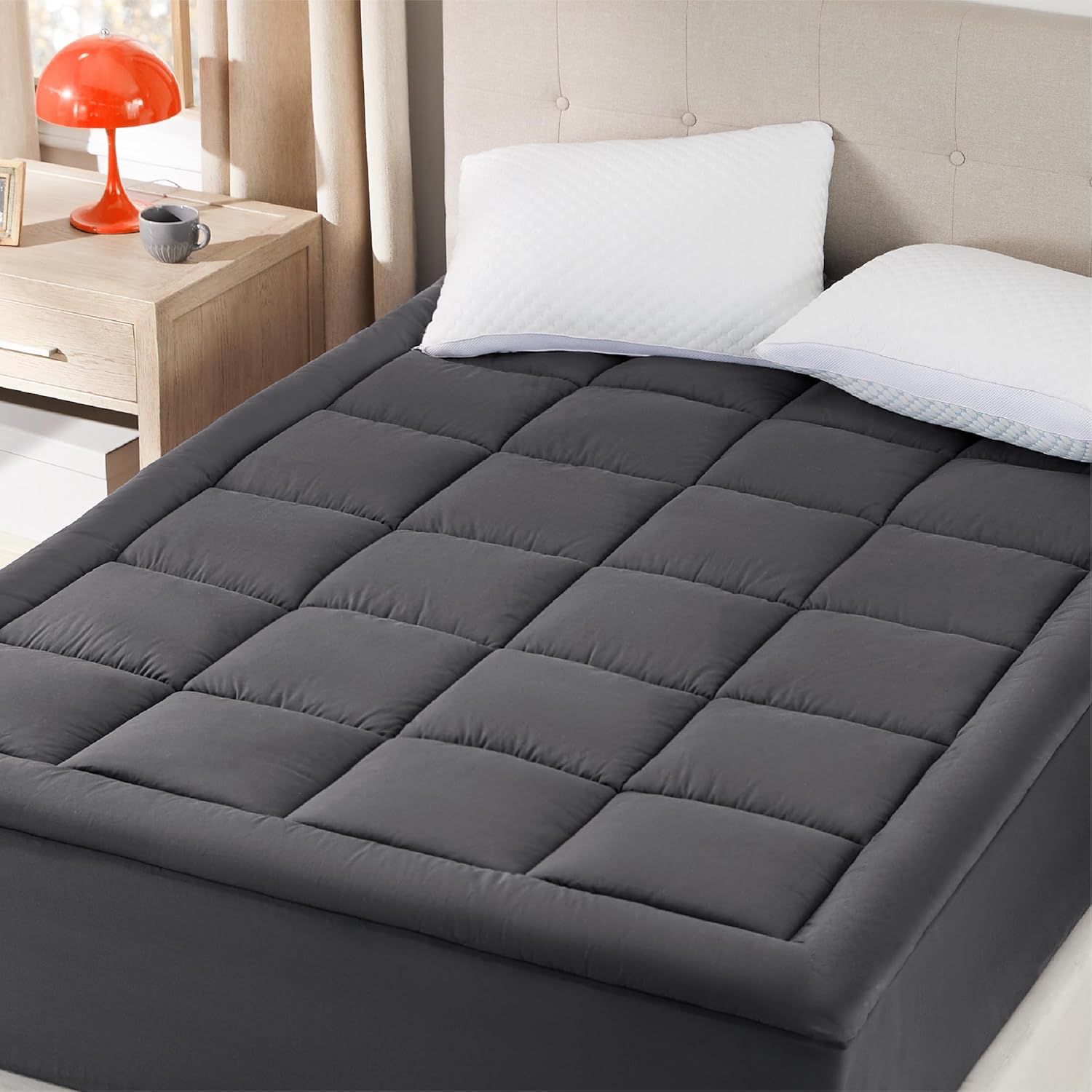 Kawa Mattress Pad Mattress Topper for Mattress Protector Cooling Breathable Fluffy and Soft Mattress Cover with 8-12 Deep Pocket (Dark Gray- Queen) Queen Dark Gray