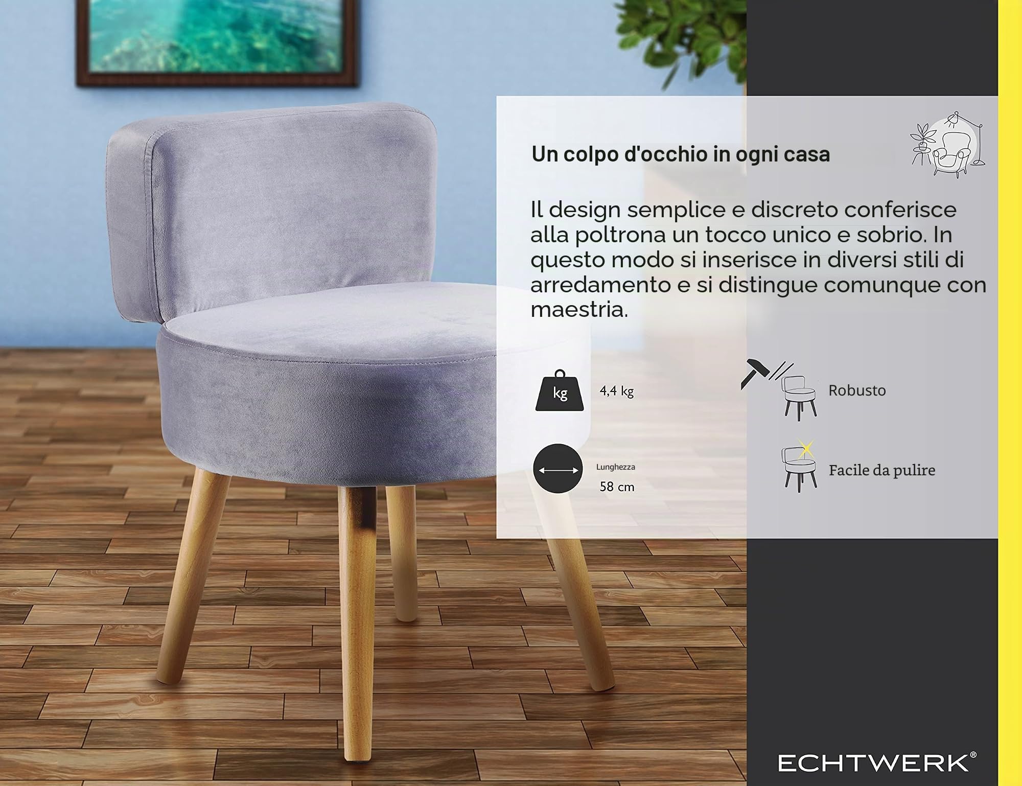 ECHTWERK Poltrona, Legno, Piedini in legno, Grigio, 44 x 44 x 58 cm