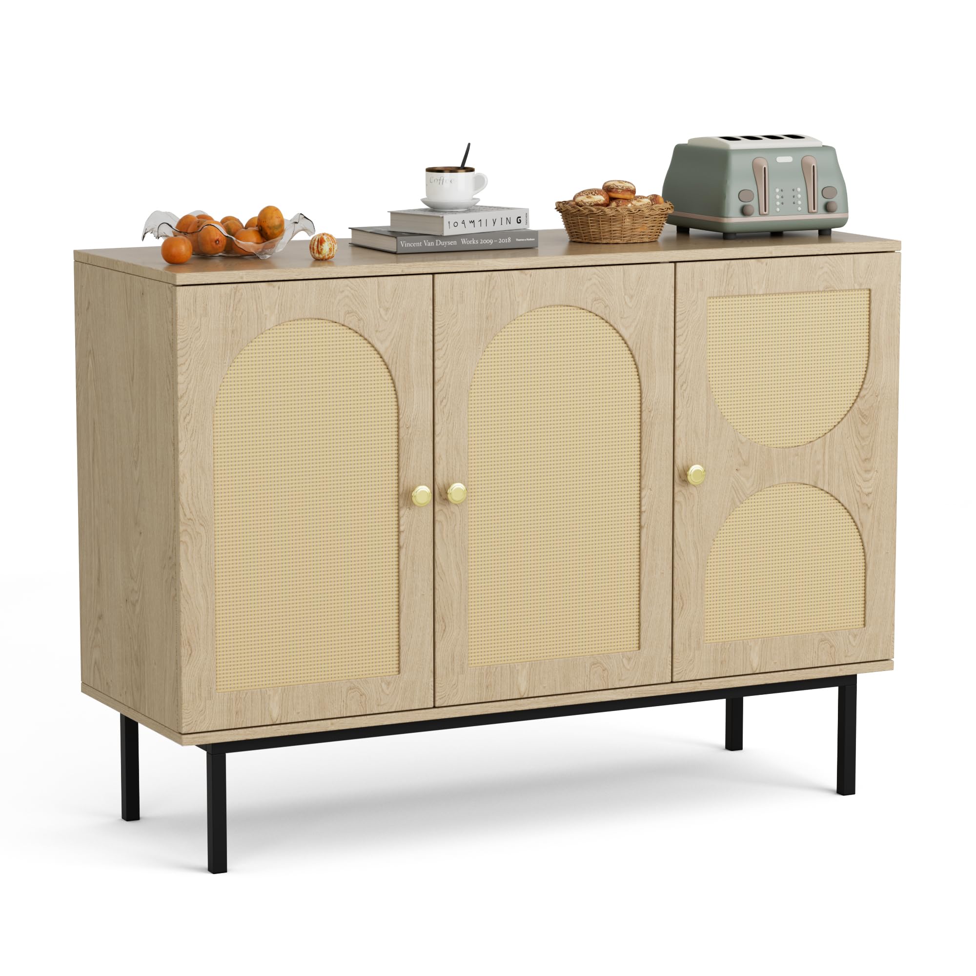 BonVache Buffet en rotin, Armoire de Cuisine avec 3 Portes, Commode avec étagères réglables, Buffet de Salle à Manger, Armoire de Rangement pour Cuisine, Salle à Manger, Salon