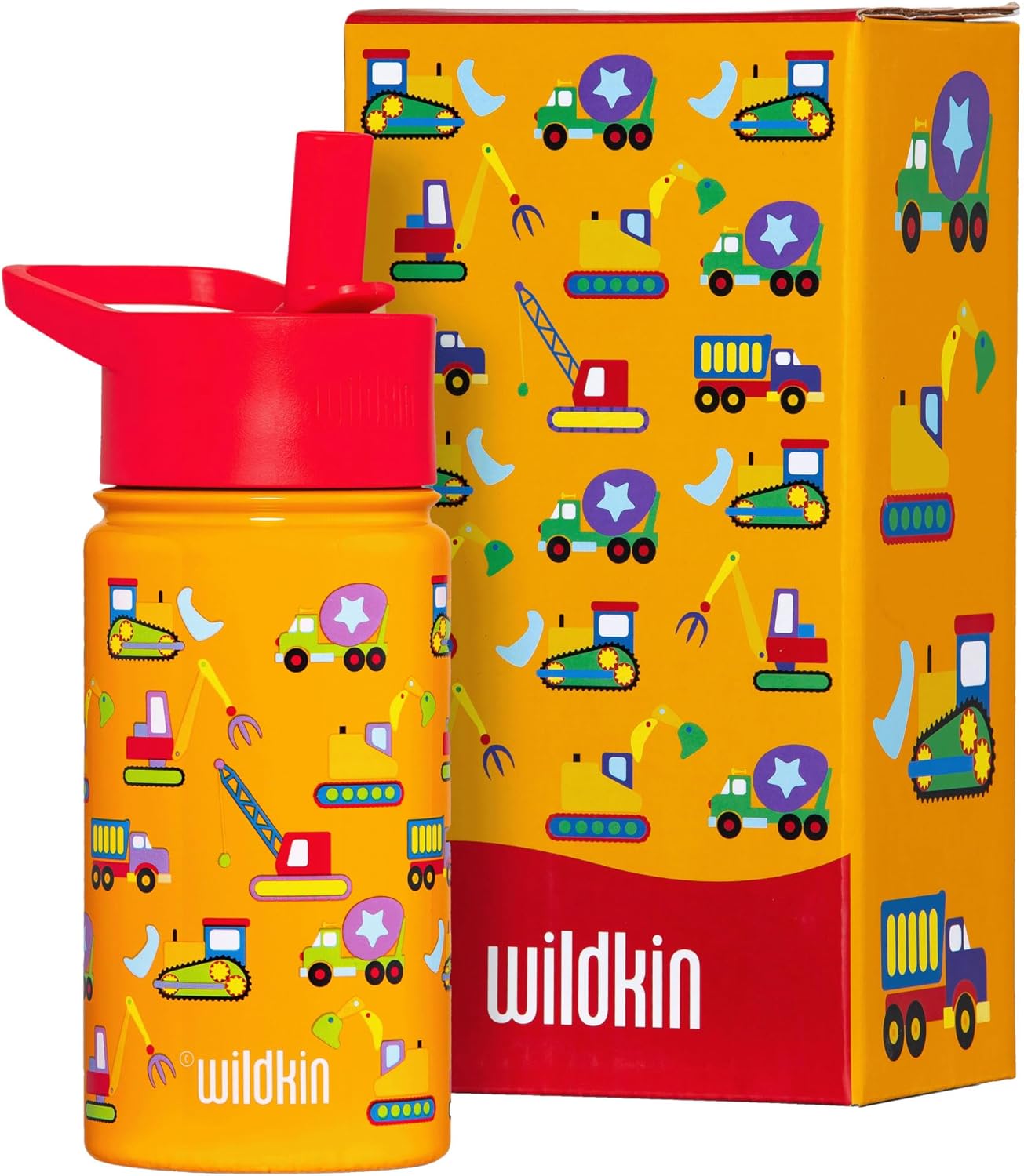 Wildkin Kids 14oz Stainless Steel Water Bottle – BPA-Free, Leakproof, Insulated, Easy-Clean - Under Construction