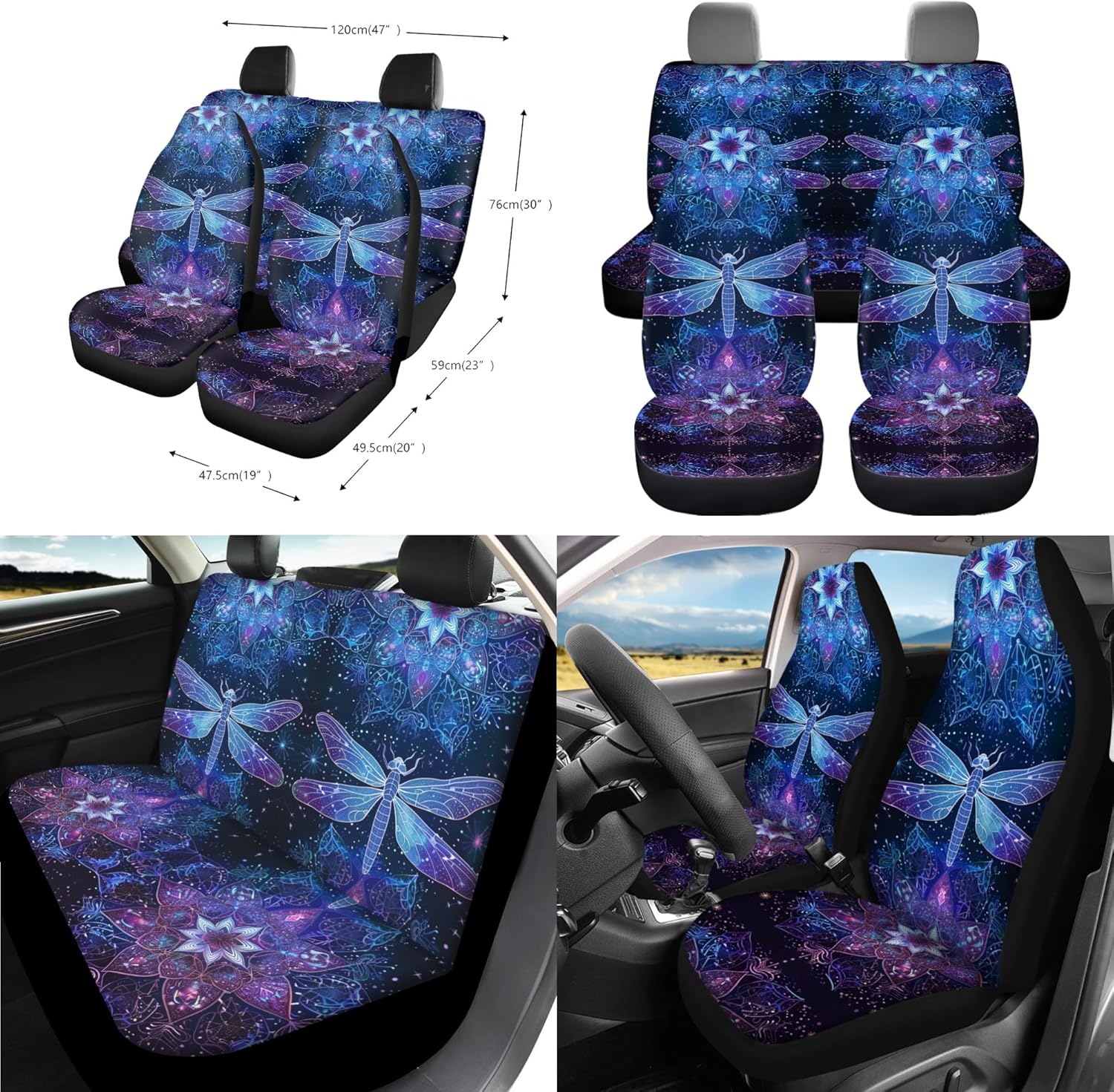 Dragonfly Printed Car Seat Covers Full Set, Mandala Flower Print 12 Piece Auto Accessories Set, Front Rear Seat Protector with Steering Wheel Protector Armrest Pads Seat Belt Pad Cup Coasters