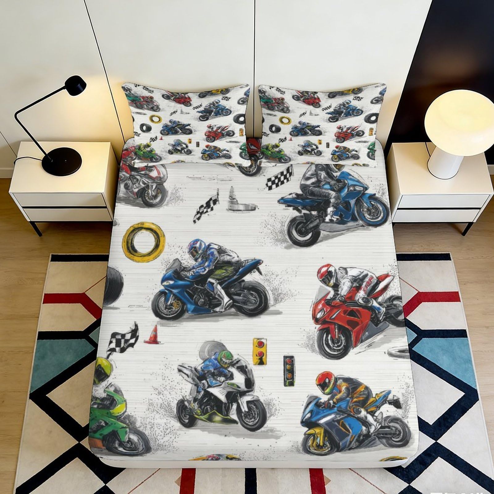 Kzqjxnhpcr Style-6 3D Printed Motorcycle Racing Fitted Sheet Microfiber Deep Pocket Non-Slip Bedroom Bedding Motorcycle Mattress Fitted Cover 90X200x25cm 90X200x25cm