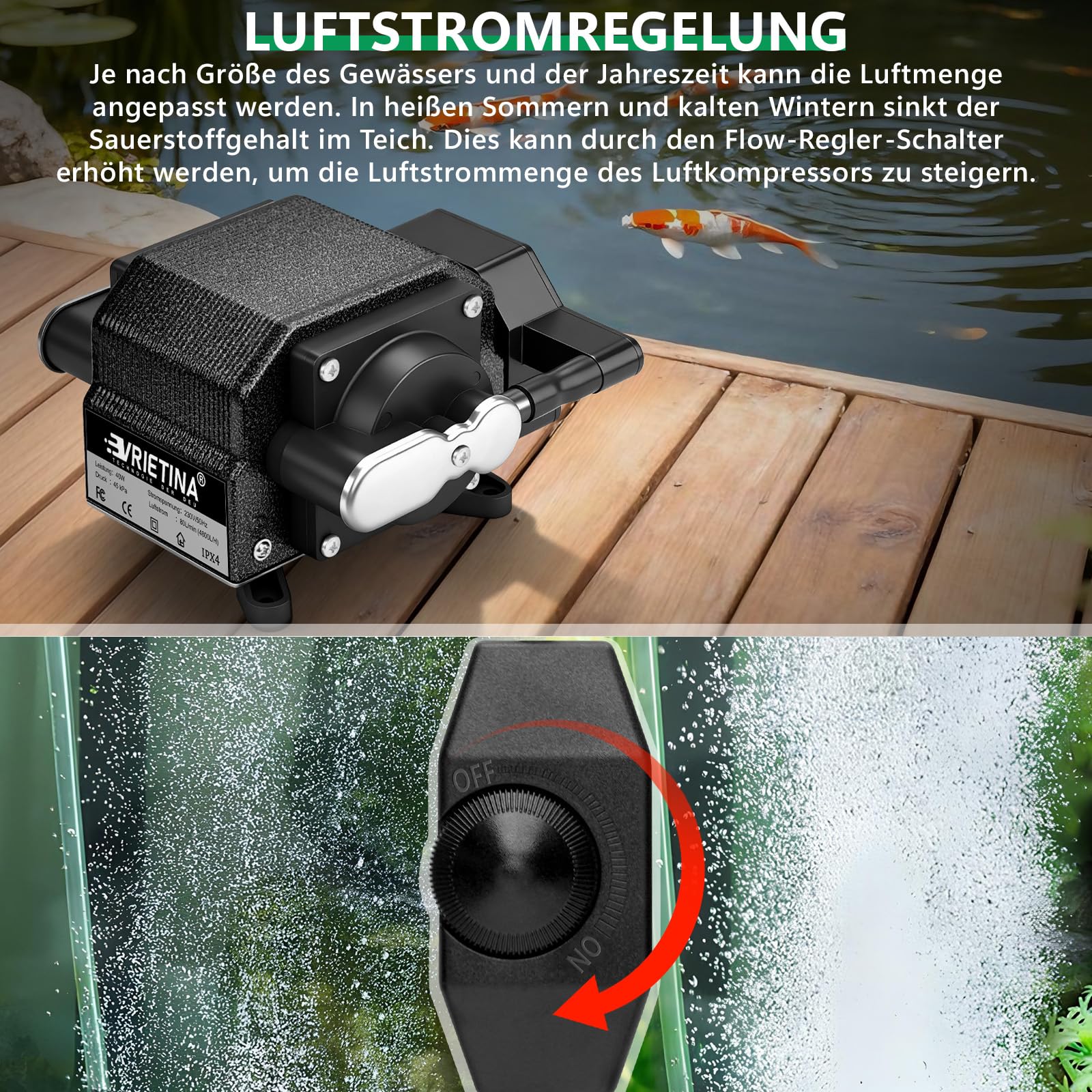 Bomba de aire para acuario de 40 W con motor de cobre de doble canal, carcasa de aluminio, potente aireador de estanque, capacidad máxima de 72 m3, caudal de 80 l/min, ideal para grandes acuarios y