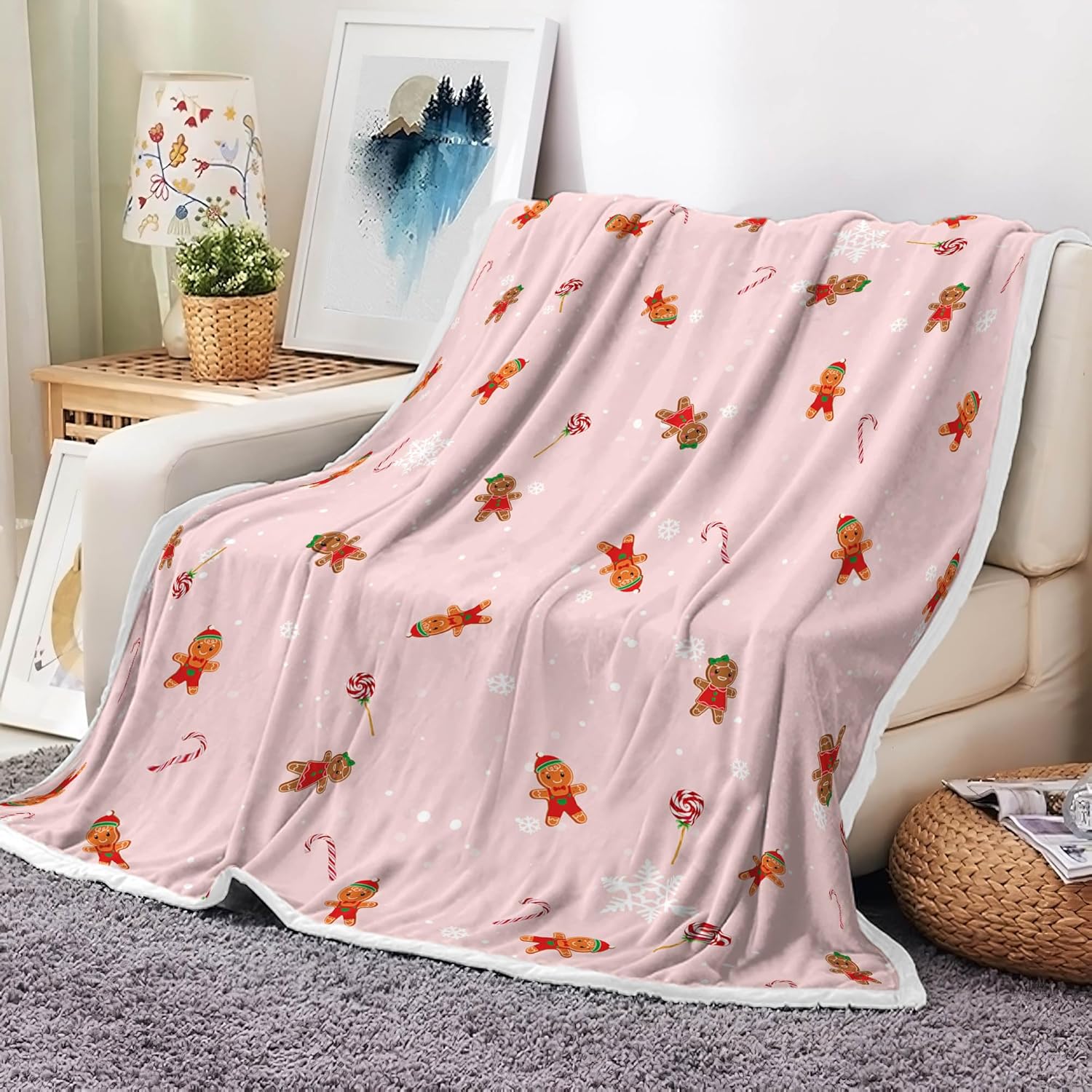 Pink Christmas Gingerbread Throw Blanket, Gingerbread Man Candy Cane Blanket Xmas Winter Flannel Warm Throw Blankets Soft Cozy Decorative for Christmas Home Bed Sofa Couch Decor, 60 x 90 Inch