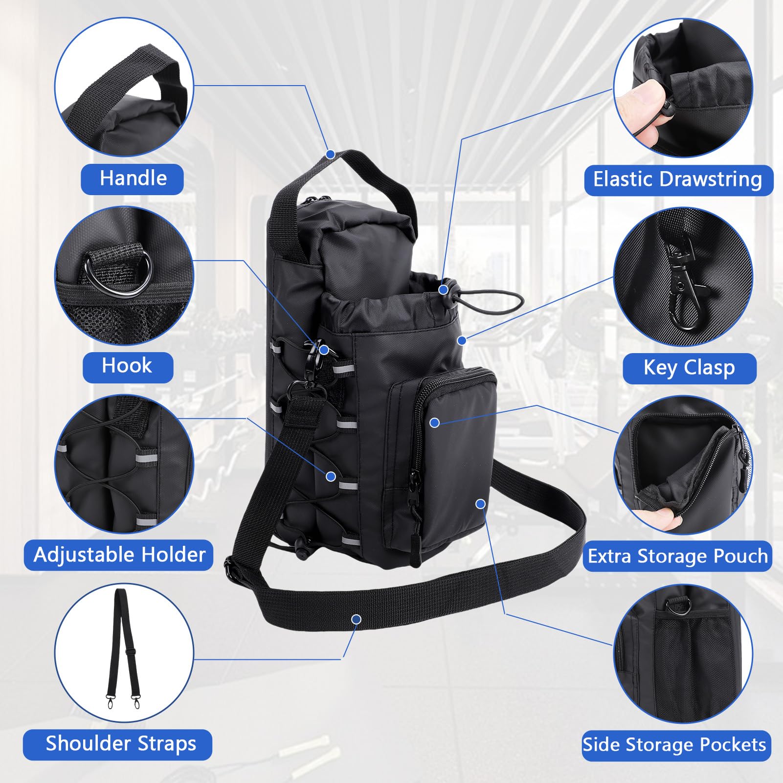 ZEMBSOYA Sac de gym magnétique pour homme et femme - Étanche - Petit sac de gym - Sac pour bouteille d'eau pour voyage, stade, sport, pique-nique, cadeau pour festival (sangle noire) - 5