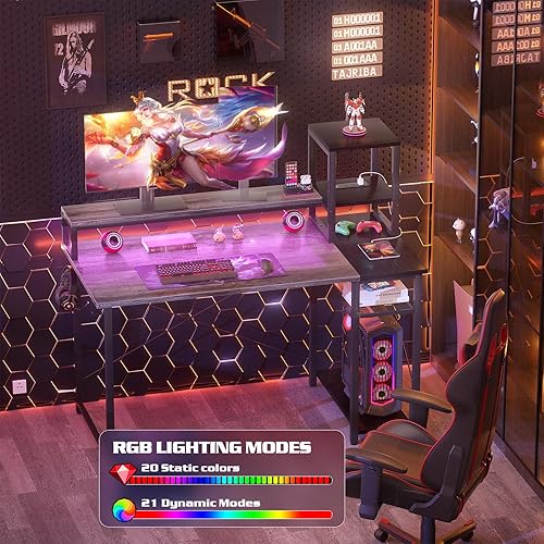 Miniatura 6 de armocity Escritorio para juegos actualizado 2024 con luces LED, escritorio pequeño para computadora con soporte largo para monitor, mesa reversible