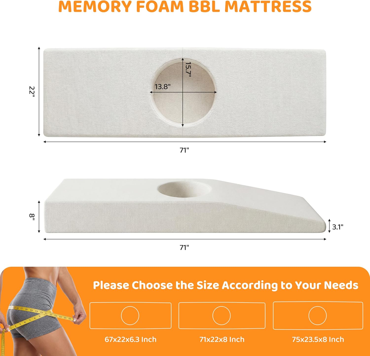 BYBYME Memory Foam BBL Bed for Sleeping Brazilian Butt Lift Recovery Pillow After Surgery with Removable Cover (Beige, 71x22x8 Inch)