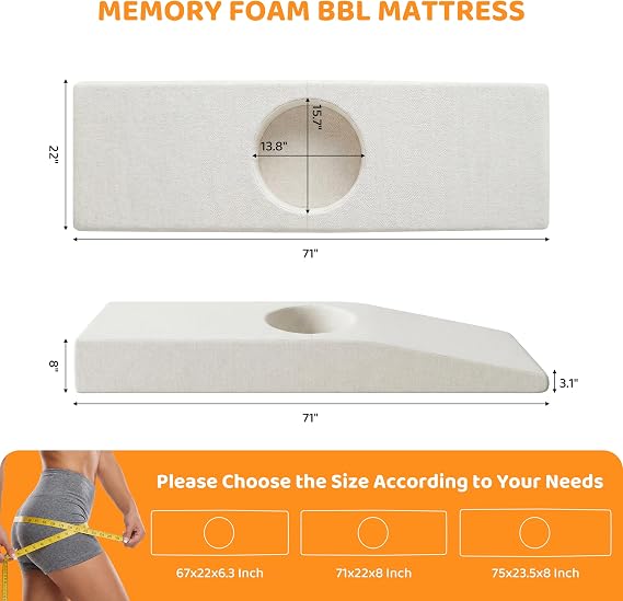 BYBYME Memory Foam BBL Pad for Brazilian Butt Lift Recovery Pillow After Surgery with Removable Cover (Beige, 71x22x8 Inch)