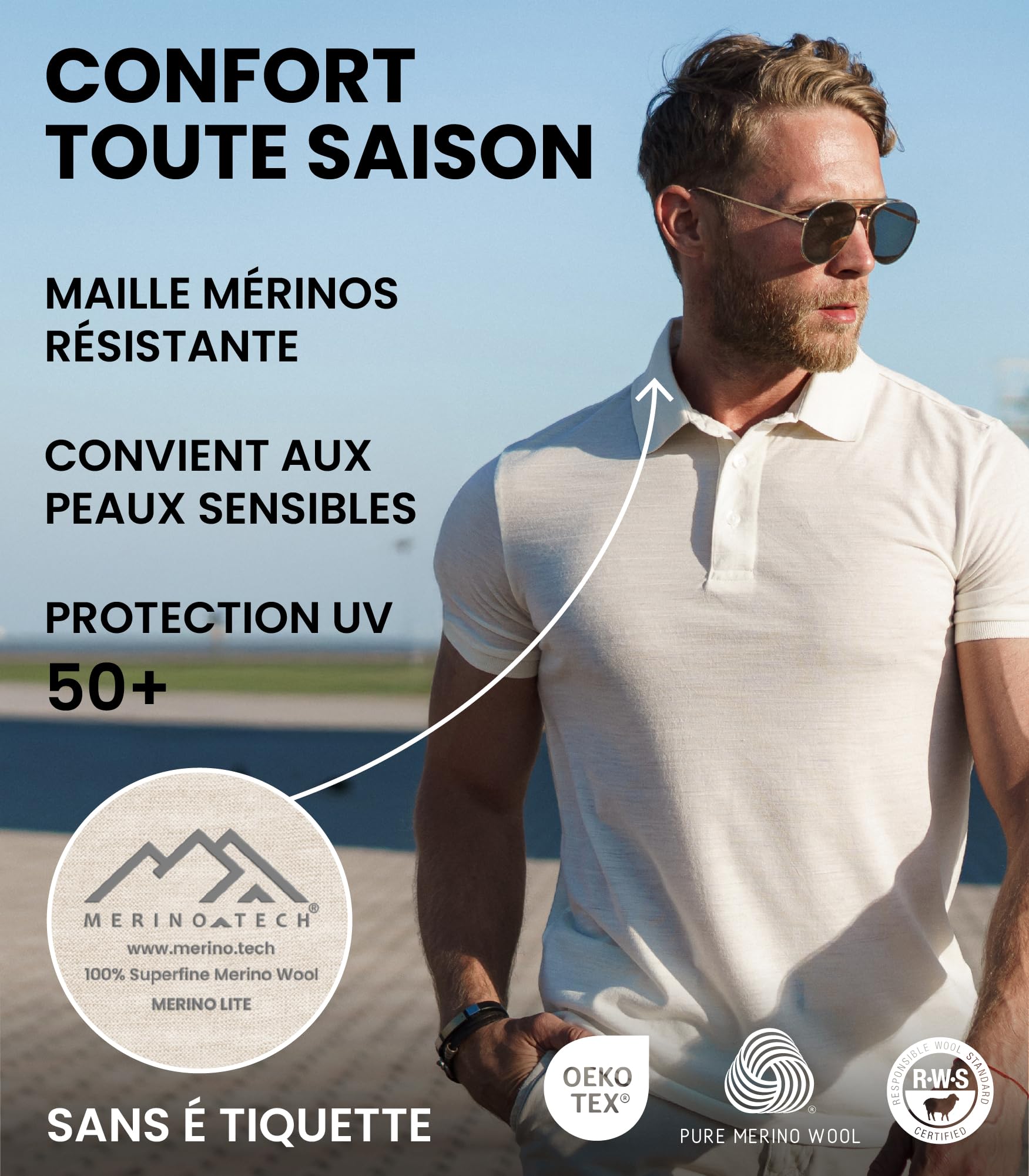Merino.tech 100% Merinos Polo Homme - Polo Shirt Manches Courtes & Longues | Col Classique, Anti-Odeur, Régulation Thermique, Anti-Plis, Pour Le Bureau Et Les Loisirs, Lavable En Machine