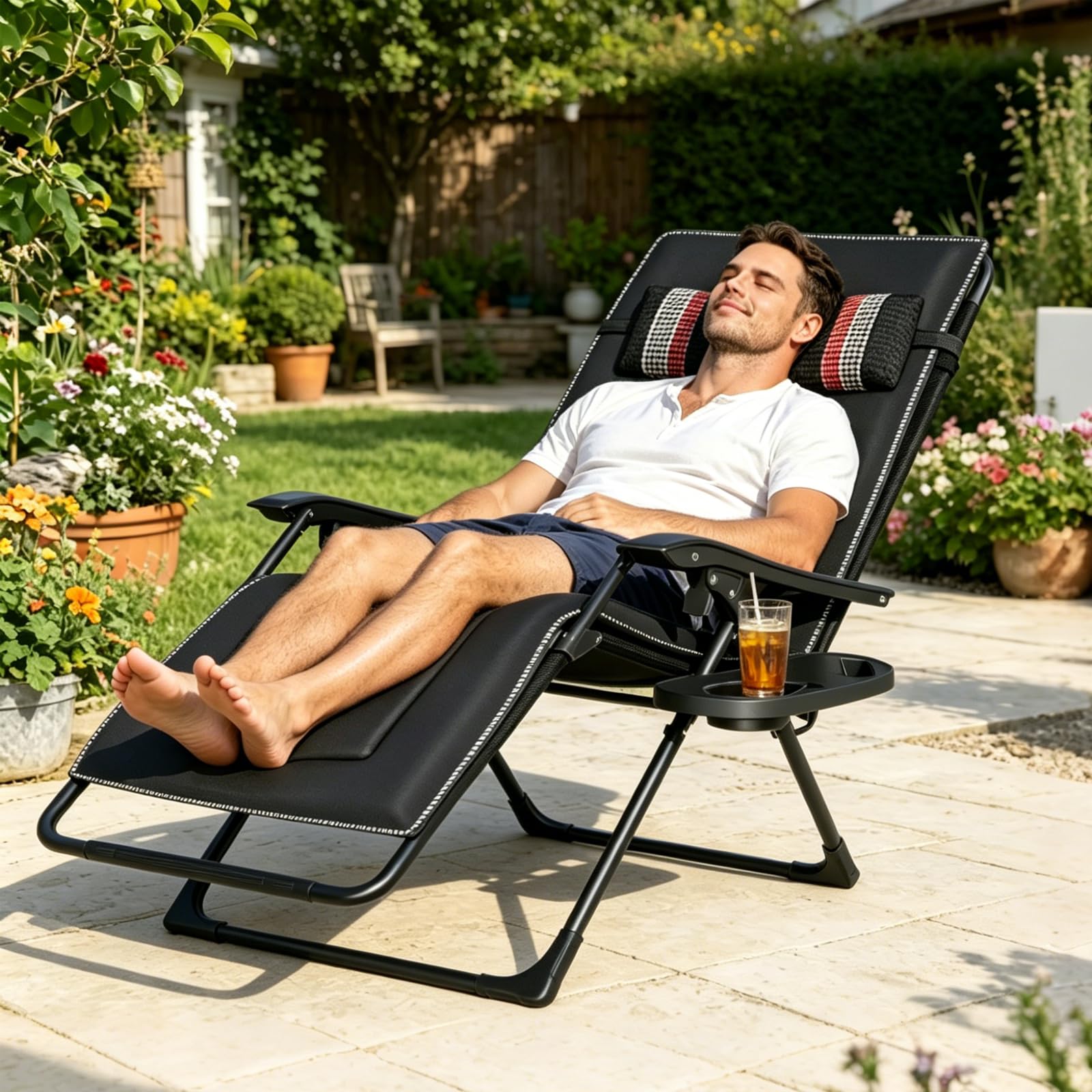 Garten Liegestuhl Klappbar, Verstellbare Relaxliege Outdoor, Sonnenstuhl mit Liegefunktion,Gartenstuhl mit Liegefunktion für Terrassen, Rasenflächen und Gärten (Strip-mit Kissen)