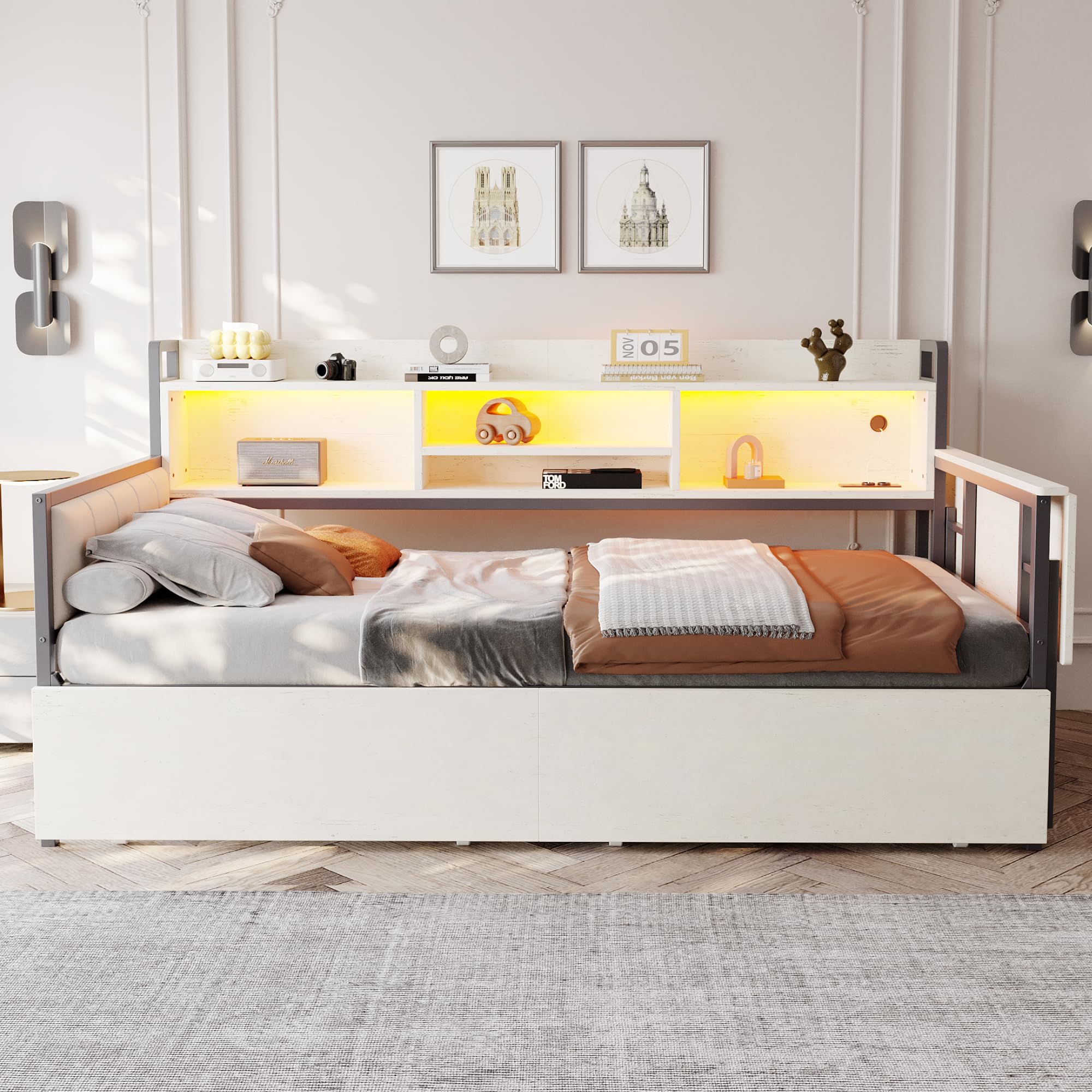 Lcoho Divano letto in ferro 90 x 200 cm, con illuminazione a LED e spazio di archiviazione, con cassetti e presa multifunzionale, scrivania pieghevole, schienale morbido, letto singolo (bianco)