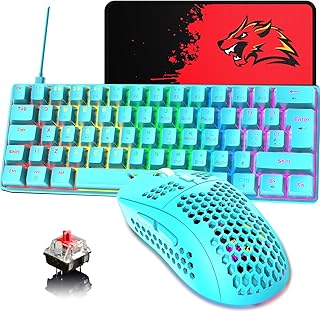 60% UK Layout Wired Gaming Keyboard and Mouse 62Keys Mini Compact Mechanical Keyboard, 19 Rainbow Backlit Full Anti-ghosting Keys+6 RGB Backlit 6400 DPI Lightweight Gaming Mouse (Blue/Red Switch)