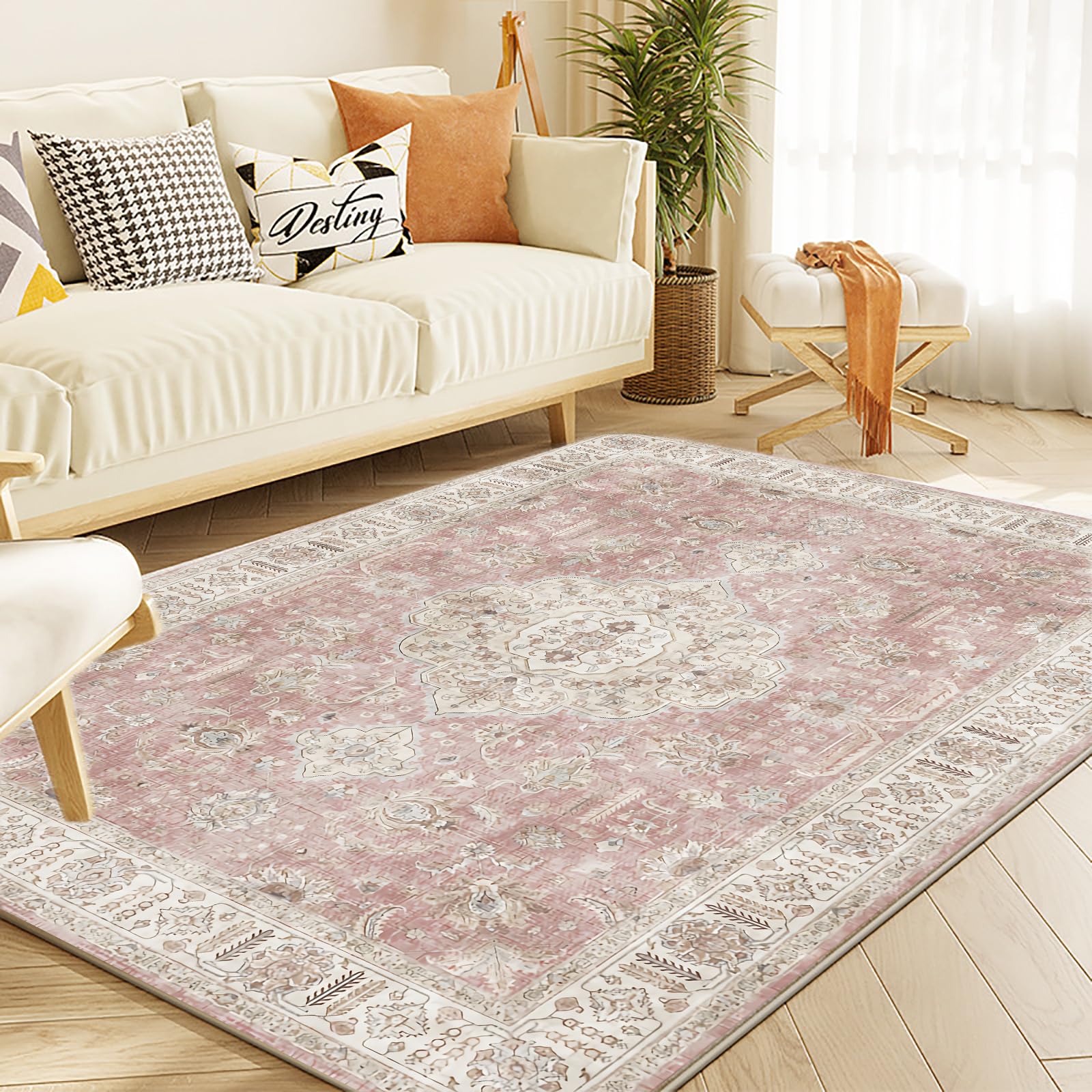 Yancorp 4'x6' Boho Area Rug for Bedroom Non Slip Washable Rug Vintage Carpet Living Room Non-Shedding Indoor Floor Mats Bedroom Kitchen Entryway Pink
