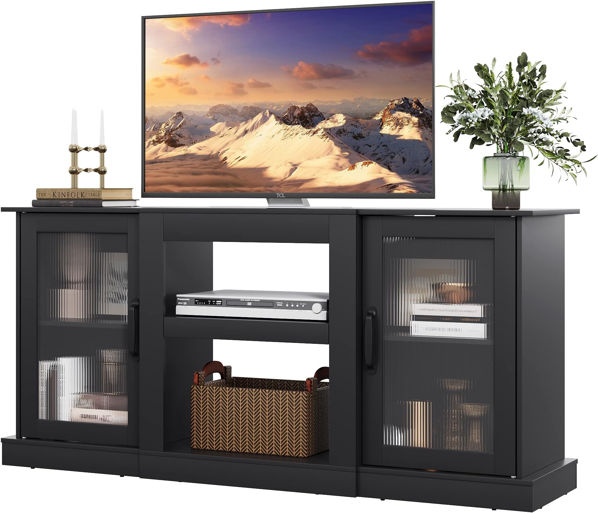 WLIVE Farmhouse TV Stand for 65 inch TV, 58" Entertainment Center with Storage Cabinets, Open Shelves TV Console for Living Room and Bedroom, Black