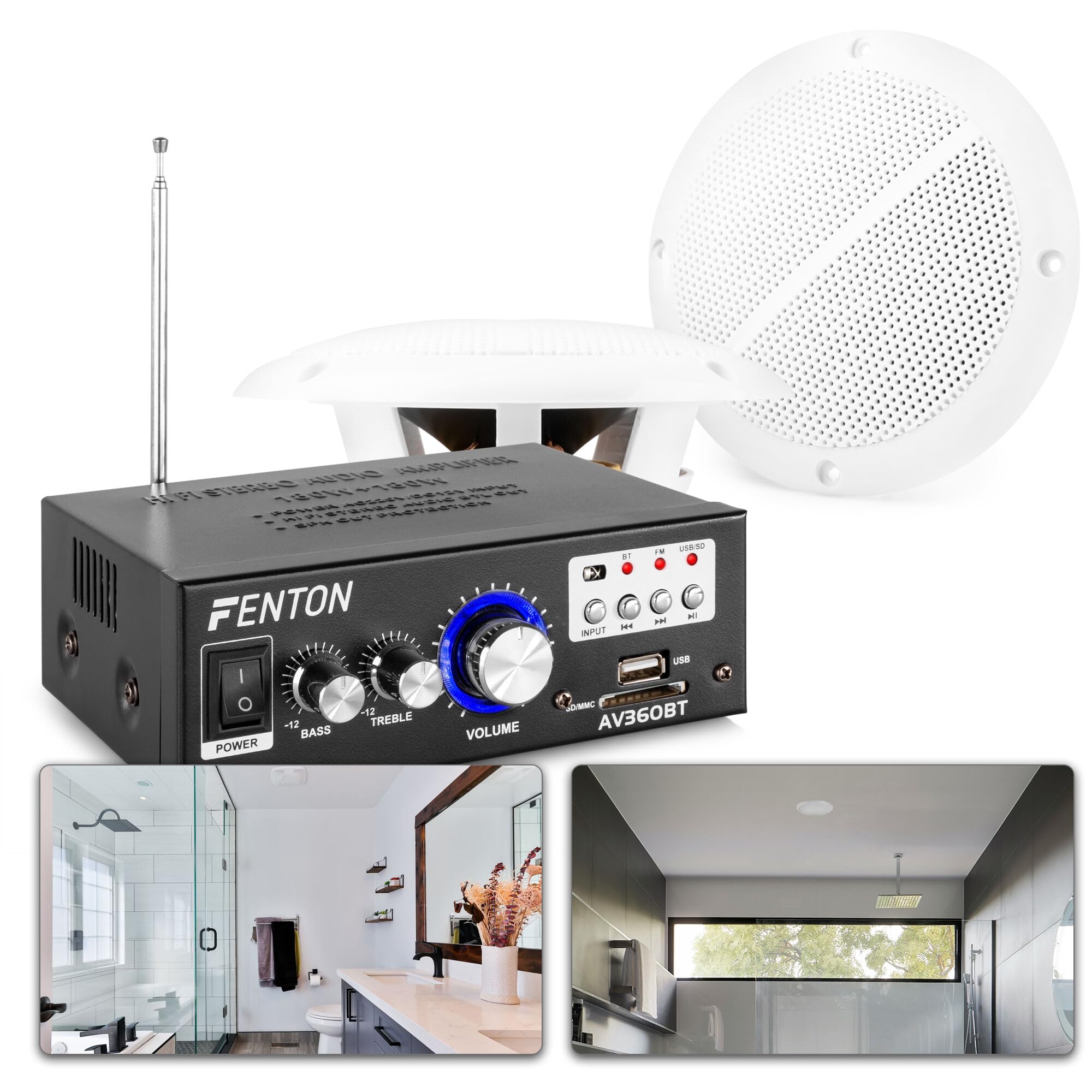 Fenton BS05 Set de Altavoces de Techo Resistentes al Agua IP44 con Amplificador Bluetooth 2x40W, USB, SD y Mando, Ideal para baño, SPA, Sauna o Zonas de Bienestar