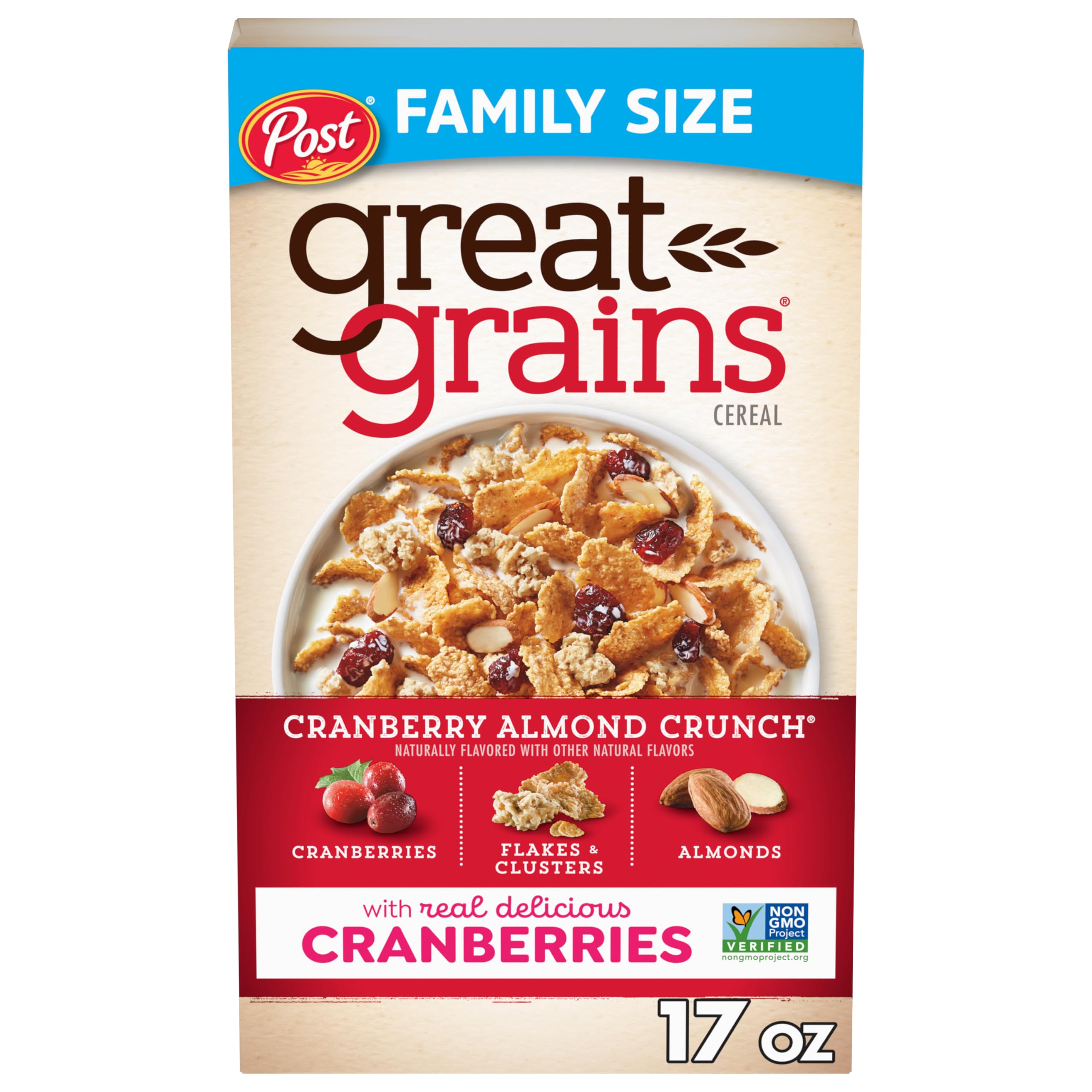 Cranberry Almond Crunch Breakfast Cereal for Adults, Dried Cranberries and Almonds, Made with Whole Grain, Non-GMO, Heart Healthy, 17 OZ Box