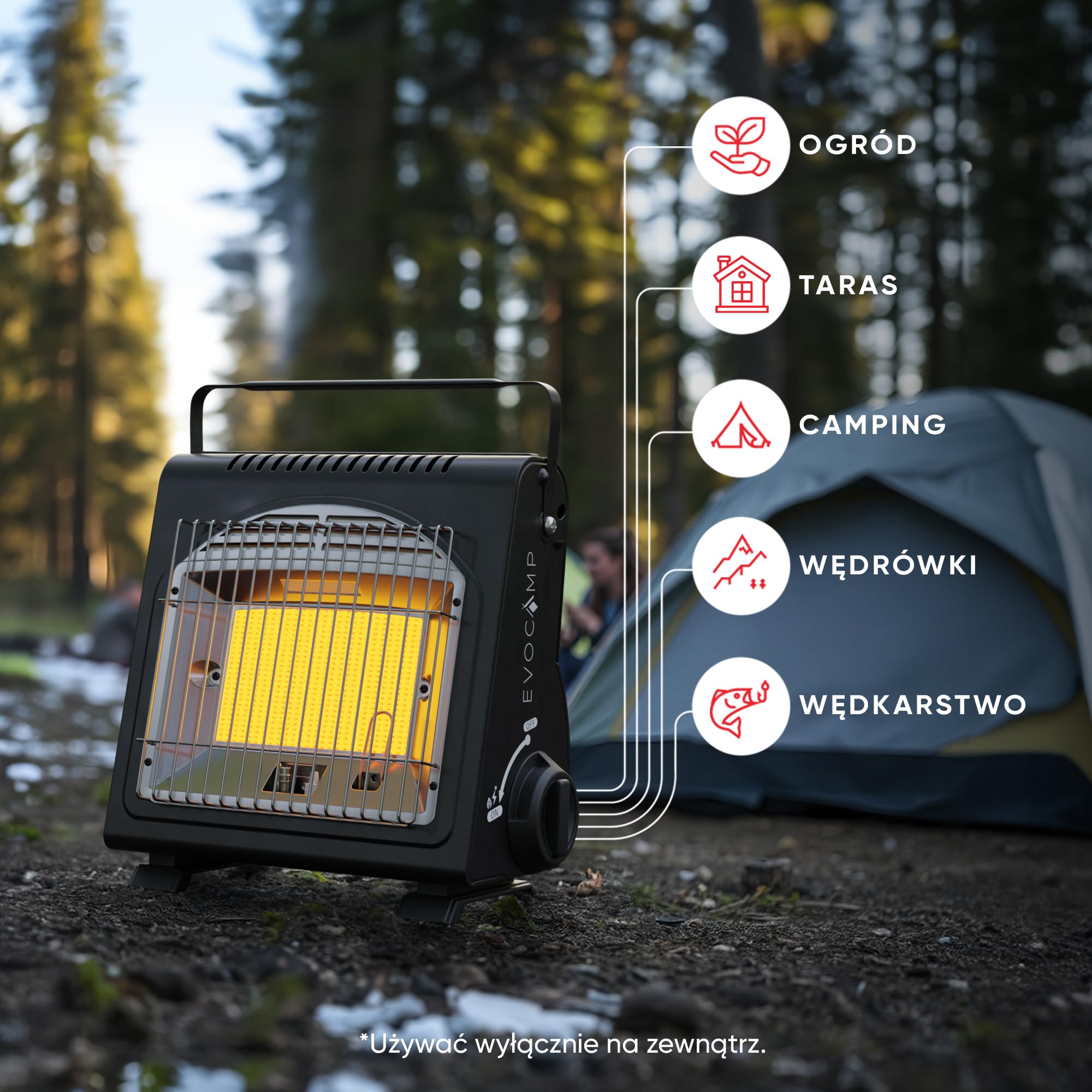 EVOCAMP przenośny grzejnik gazowy, grzejnik campingowy 1,7 kW, idealny grzejnik gazowy do użytku zewnętrznego z ODS (czujnik wypalenia tlenu), grzejnik do namiotu