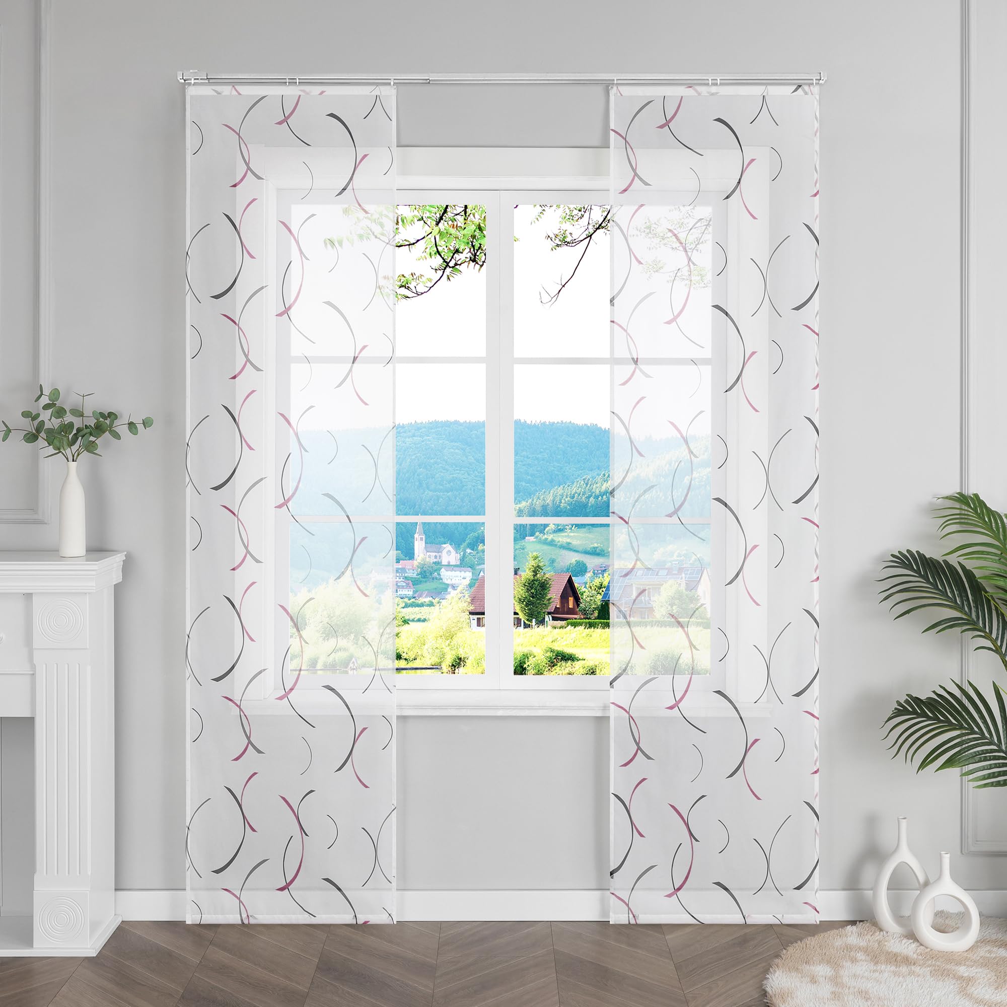 ESLIR Schiebegardinen Voile Flächenvorhänge Set 2er Schiebevorhang mit Klettschiene Wohnzimmer Gardinen mit Klettband Gardinenschals mit buntes Linienmuster Violett BxH 57x145cm 2 Stück