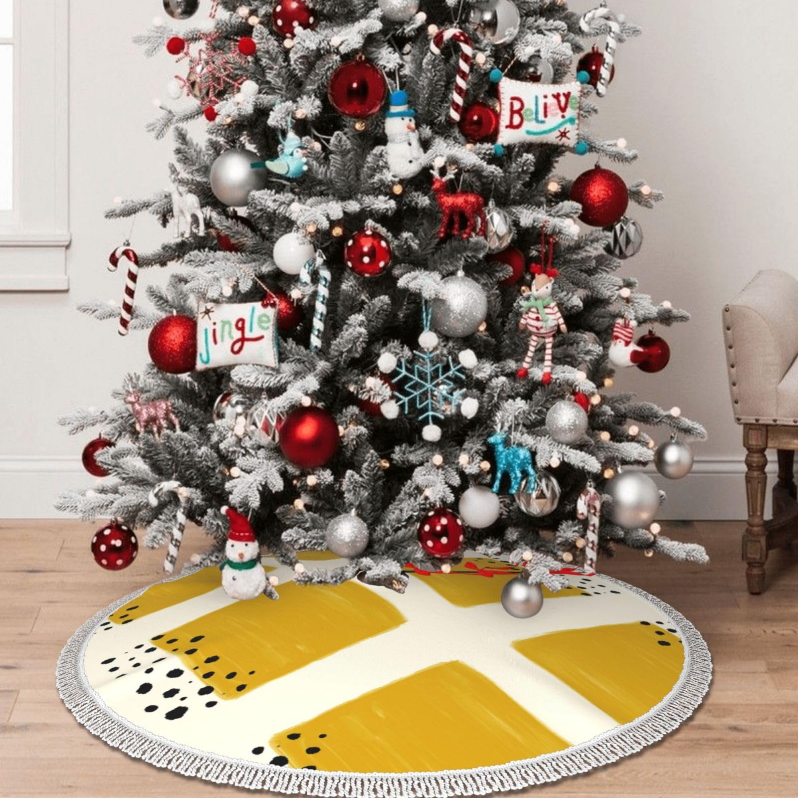 Senfgelbe und schwarze Weihnachtsbaumdecke, Weihnachtsbaummatte, bedruckte Polyester-Quaste, Weihnachtsdekoration