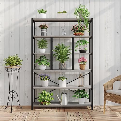 Miniatura 5 de LVB Estantería Industrial de 6 niveles, estantería grande y alta abierta rústica vintage, estantería de madera y metal moderna de granja para Roble