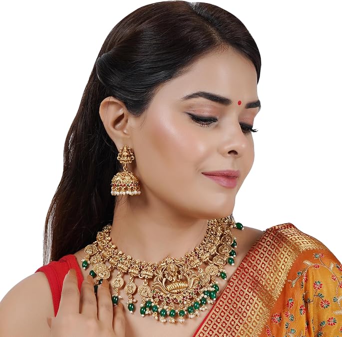 Jwellmart Gold Plated Traditional Temple Jewelry Stone Choker Necklace Earrings Set Jewellery for Women