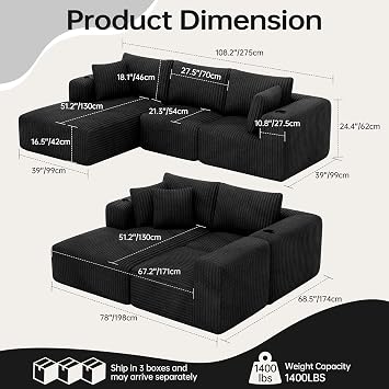 DURASPACE 275cm Sectional Corner Sofa L Shaped Sofa Boneless Cloud Couches