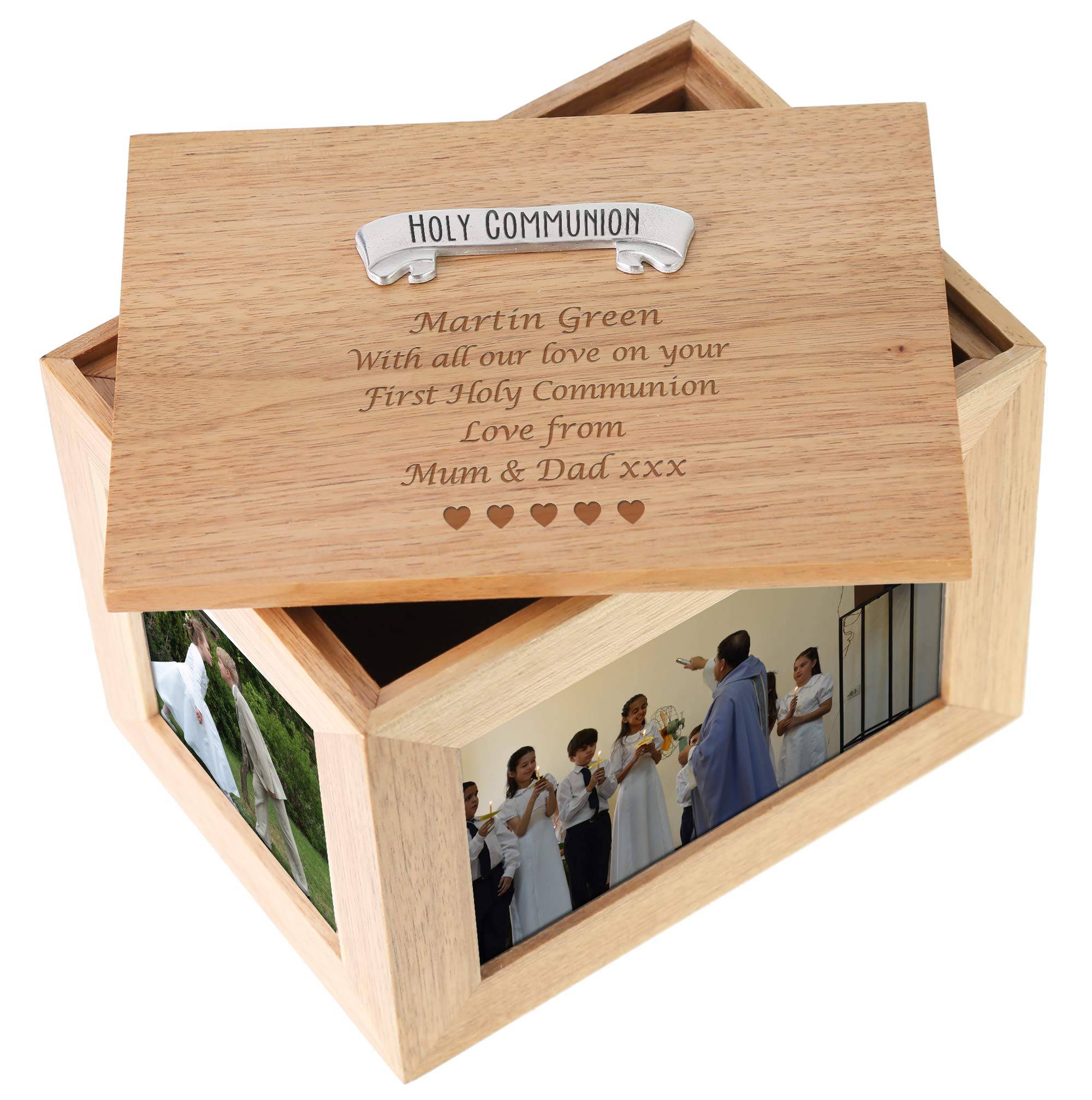 De Walden Boy's First Holy Communion Gift Engraved Large Oak Photo Keepsake Box with Pewter 1st Communion Banner Feature For a Boy