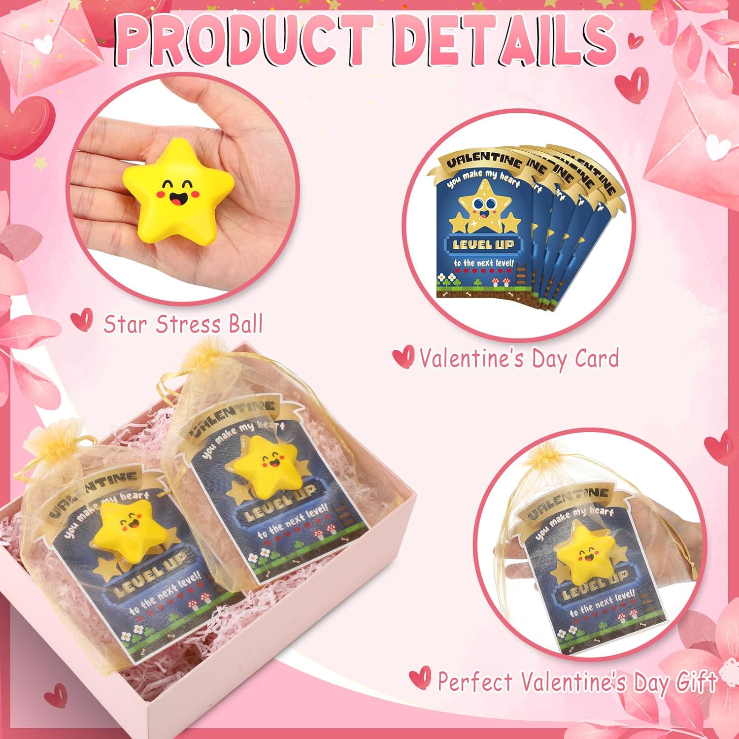 24 Sets Valentines Day Gifts for Kids Video Game Star Stress Ball with Level up Cards Goodie Bags Valentines Stress Relief Gift for Student from Teacher Valentine's Video Game Party Favor