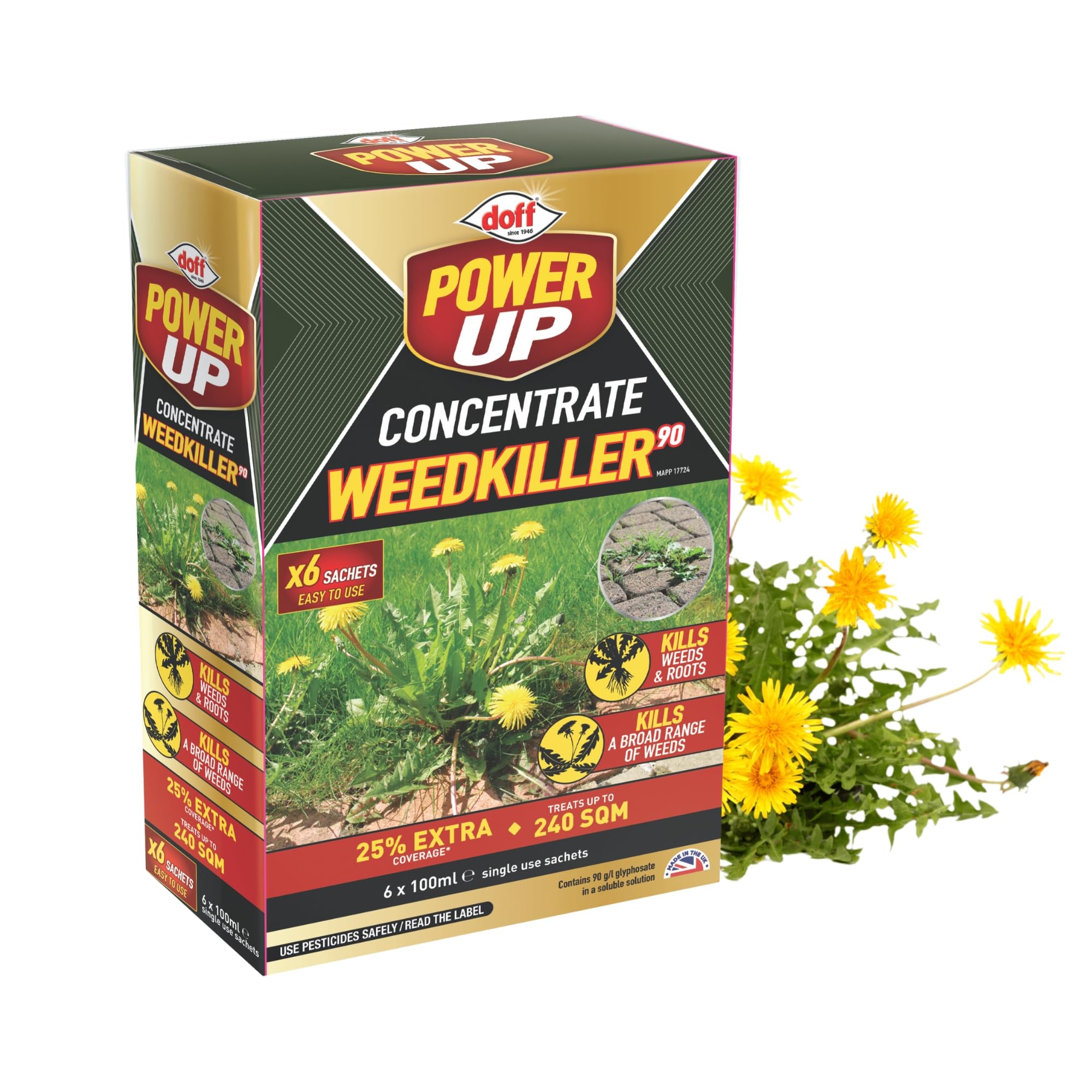 Doff Power Up Concentrate Weedkiller 90 – 6 x 100ml Sachets | Systemic Weed Killer for Garden Weeds, Grass & Roots | Treats up to 240sqm | Easy-to-Use Concentrated Weed Control
