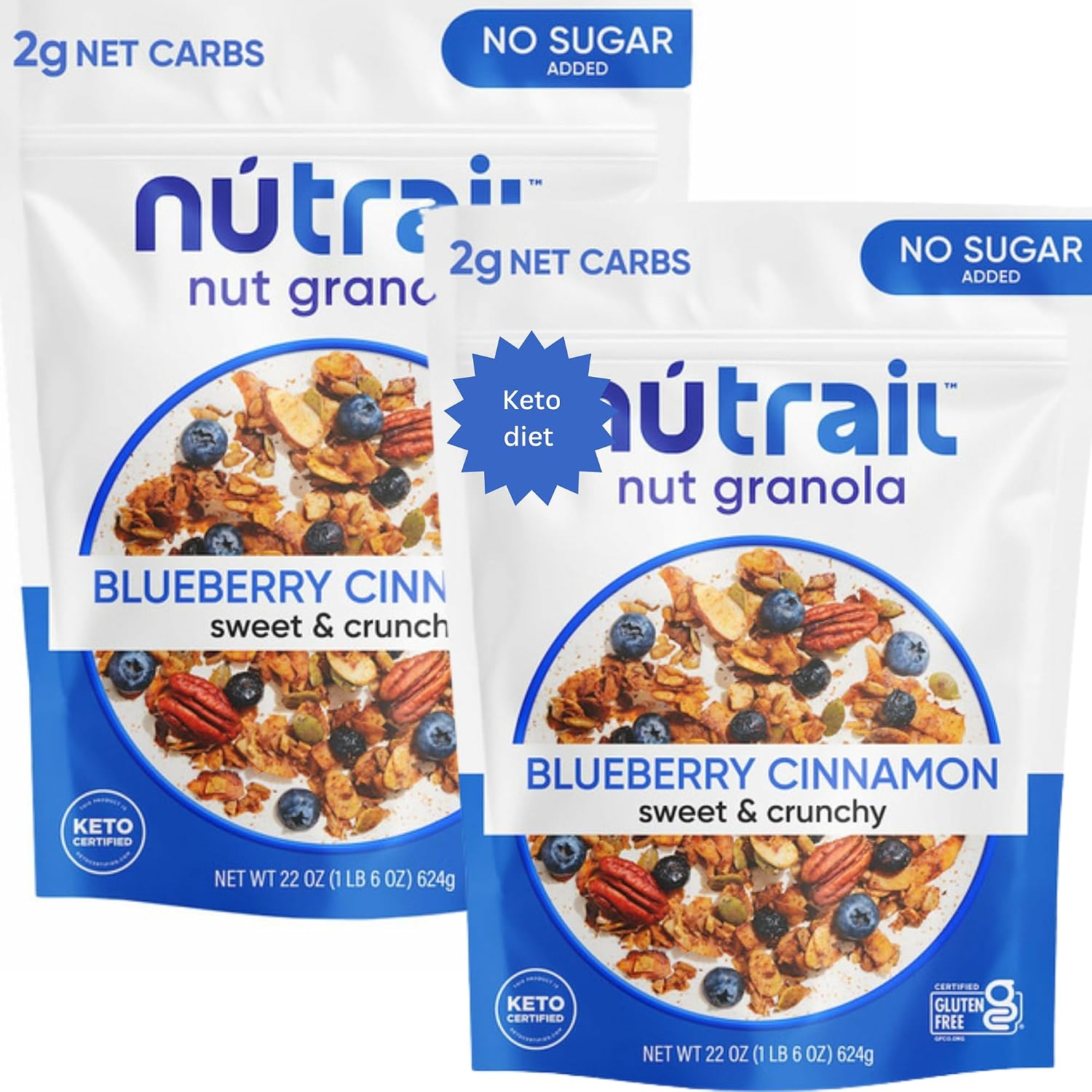 Nu-Trail Nut Granola, Blueberry Cinnamon, Low Carb Keto Friendly Granola, No Sugar Added, Gluten Free, High Protein Snack, 22 oz Bags (Pack of 2)