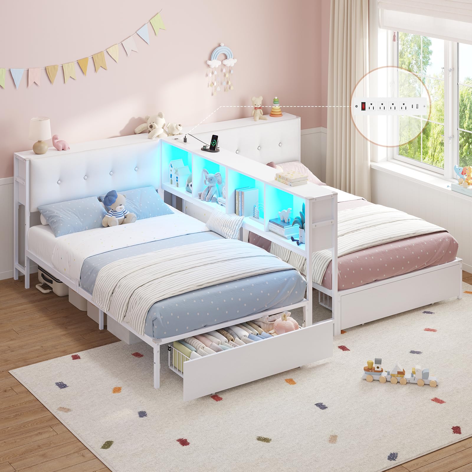 DICTAC Twin Beds for 2 Kids with Storage Bookcase Divider, Charging Station and LED Lights, Double Twin Bed with 2 Large Drawers and Headboard Storage, Metal Platform Bed for Shared Bedroom, White