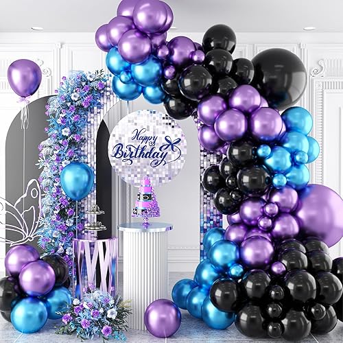 Kit de arco de globos morados y azules, 105 globos de cumpleaños de 5, 10, 18 pulgadas, kit de guirnalda de globos de color azul metálico, morado y