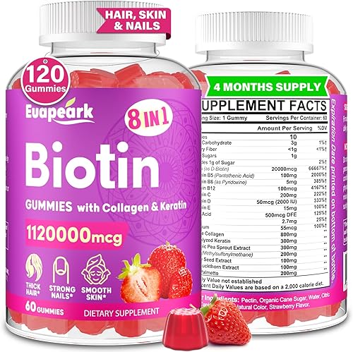 (2 paquetes) Gomitas de biotina para mujeres y hombres, fuerza máxima de 20,000 mcg de biotina con colágeno, queratina y ácido fólico, fórmula