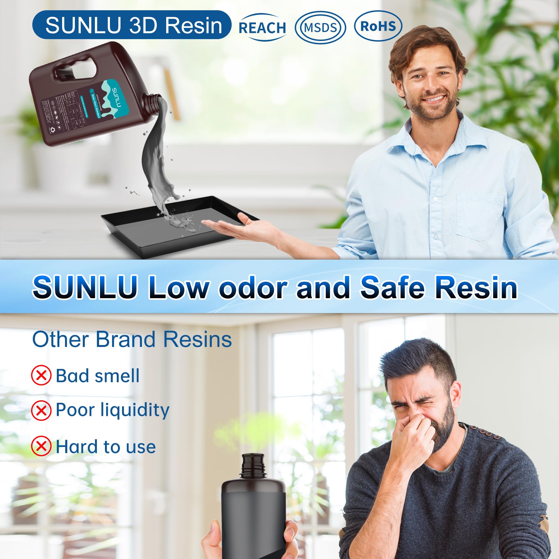 SUNLU Resina Lavabile in Acqua per Stampanti 3D 3KG, Resina UV 405nm per Stampa 3D Resina Fotopolimerica Standard per Stampanti 3D a 4/6/8K LCD DLP SLA, Alta Precisione, Basso Odore,Grigio 3000g