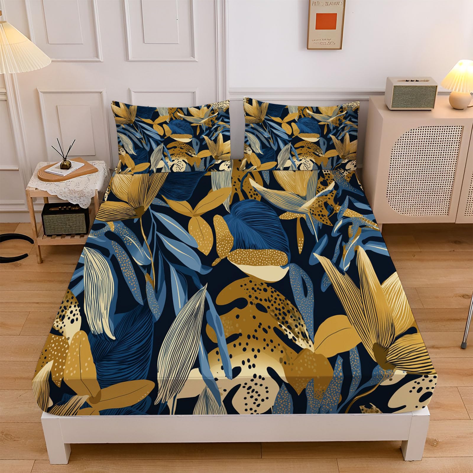 Drap housse bleu marine Monstera pour transformer l'ambiance de la chambre