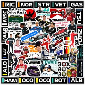 CodersParadise Pack of 60 F1 Formula One Racing Vinyl Stickers for Laptop, Journal, Bike Helmet, Diary, Guitar, Mobile Case - Waterproof Residue Free Stickers.