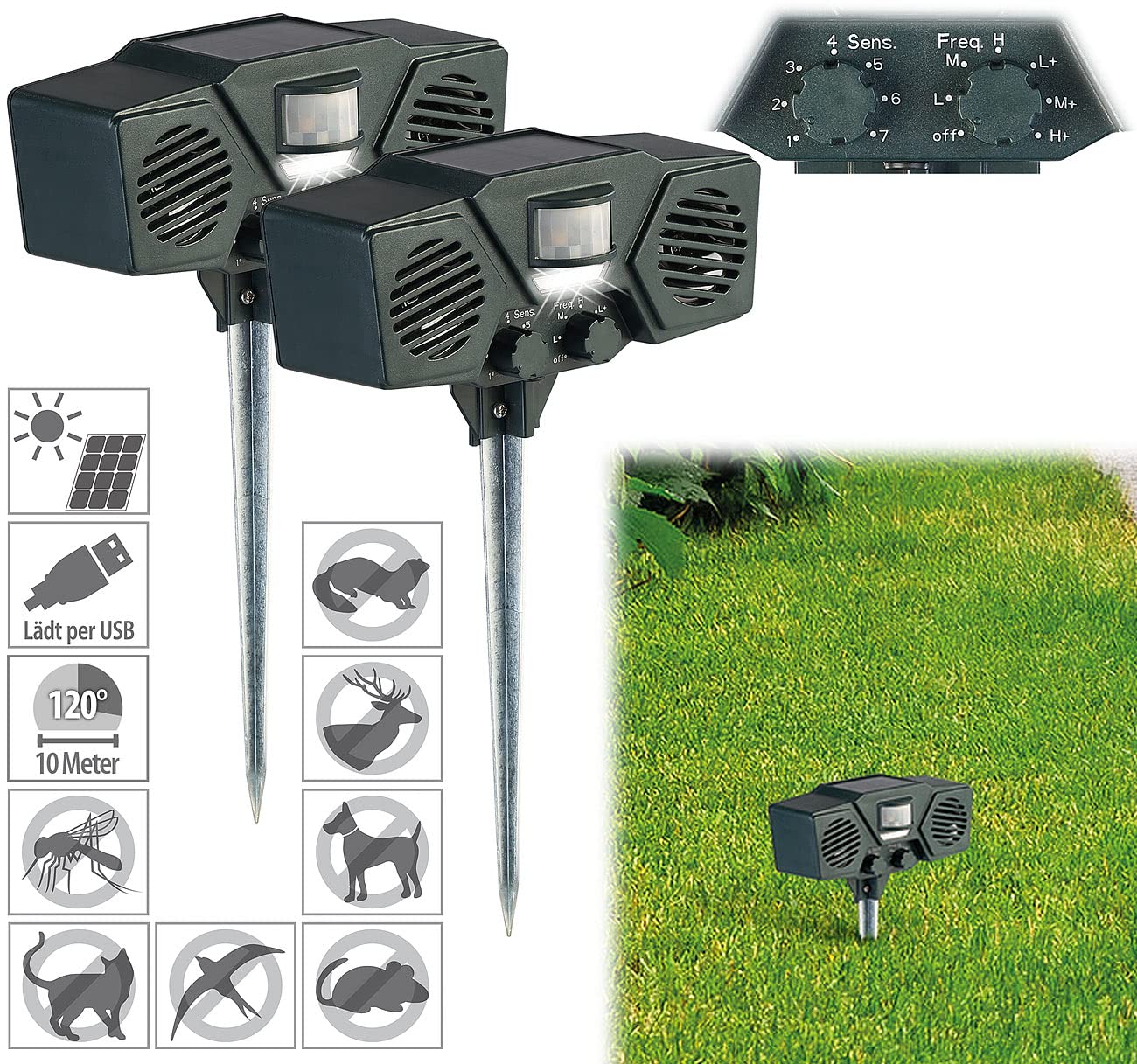 Exbuster Vogelschreck: 2er-Set Duo-Ultraschall-Solar-Tierschreck, Blitzlicht, Bewegungssensor (Wildabwehr, Elektrischer Katzenschreck, Maus)