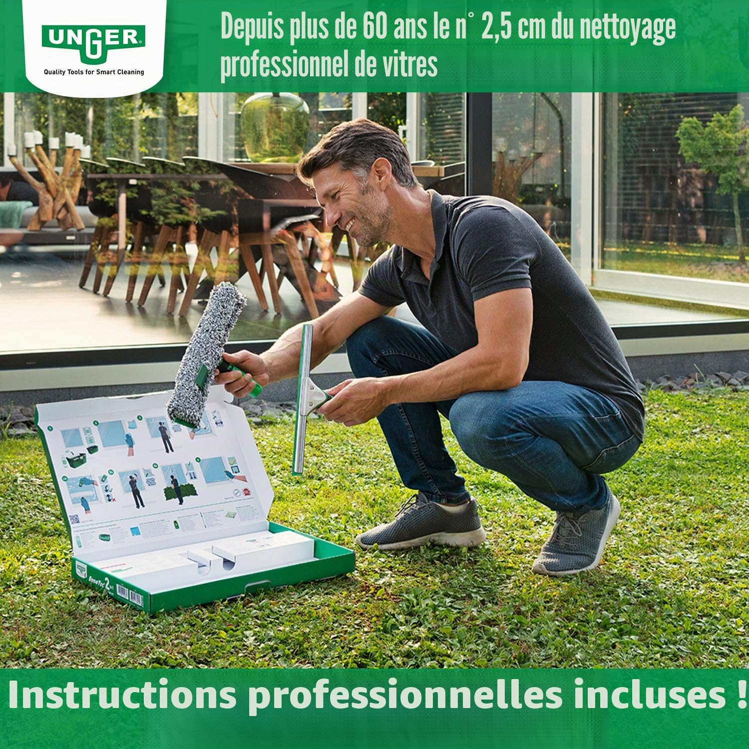 Kit de nettoyage des vitres Unger (raclette, support, housse en microfibres, seau de 12 l, produit de nettoyage, grattoir, chiffon pour vitres largeur 35 cm) AK015