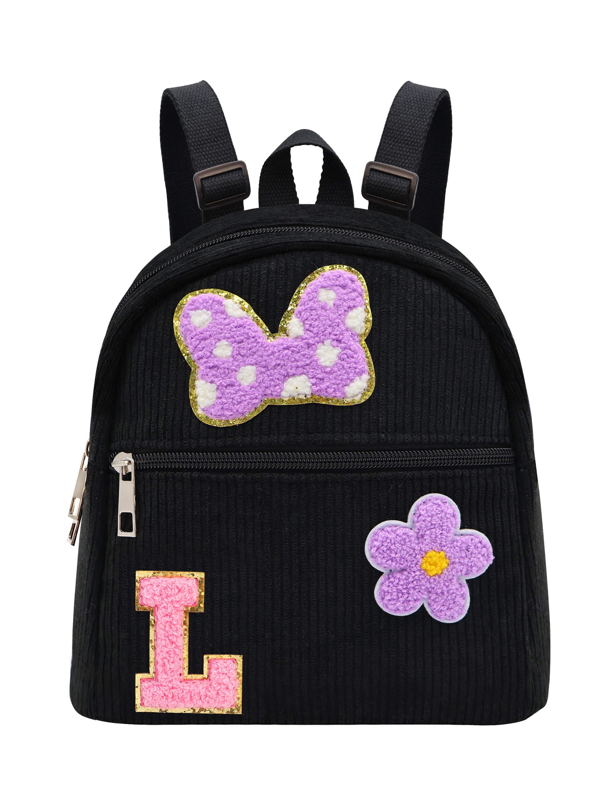 2 3 4 5 6 Year Old Girl Gifts Chenille Initial Mouse Bow Mini Backpack, Corduroy Toddler Backpacks Christmas Birthday Gifts for Girls 2-4 5-6, Black
