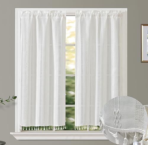 GOHD - Cortinas de cocina con borlas, estilo bohemio, jacquard, con borlas, para baño, 3 tamaños, 100% poliéster (45 pulgadas, marfil)