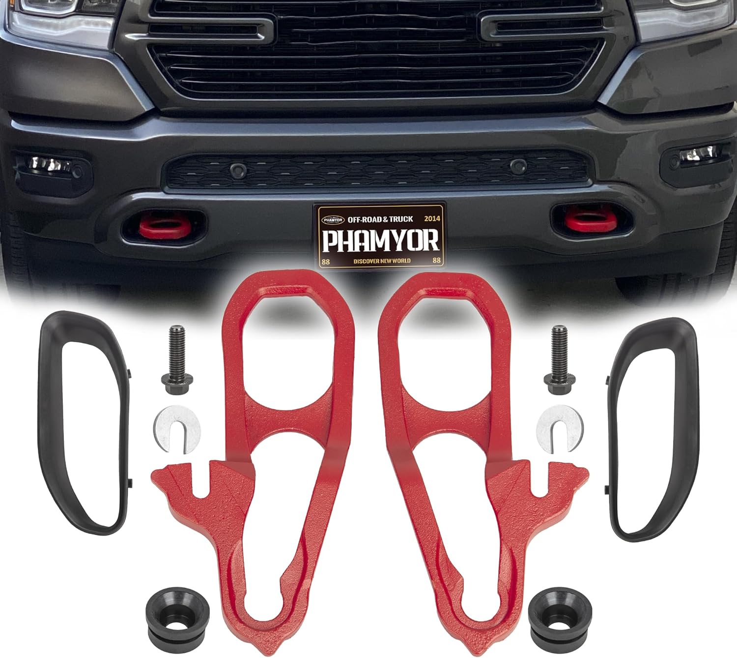 Heavy Duty Front Tow Hooks Fit for 2019-2024 Dodge Ram 1500 DT, Replace OE 82215268AB 68272944AB 68272945AB, Left & Right, Black