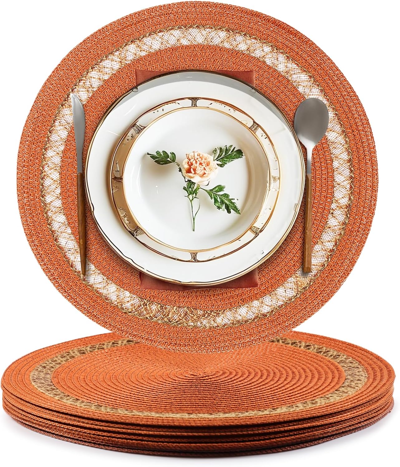 AHHFSMEI Round Paper and Jute Braided Placemats Set of 6 Non-Slip Heat Resistant Table Mats for Dining Tables Indoor & Outdoor Place mats for Daily Use(Brown,6)