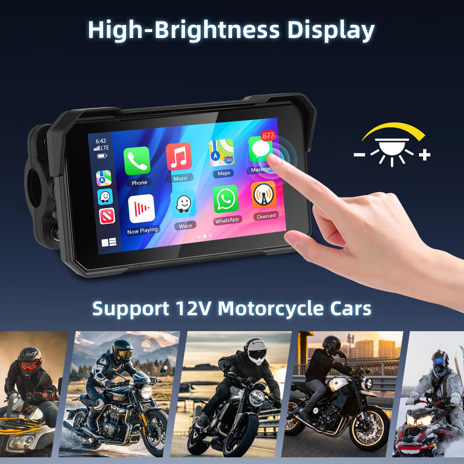 Schermo Carplay per Moto con Senza Fili CarPlay e Android Auto, 5 Pollici Impermeabile Touchscreen, Doppio Bluetooth, Navigazione GPS, Siri/G00gle Assistente, Plug-and-Play