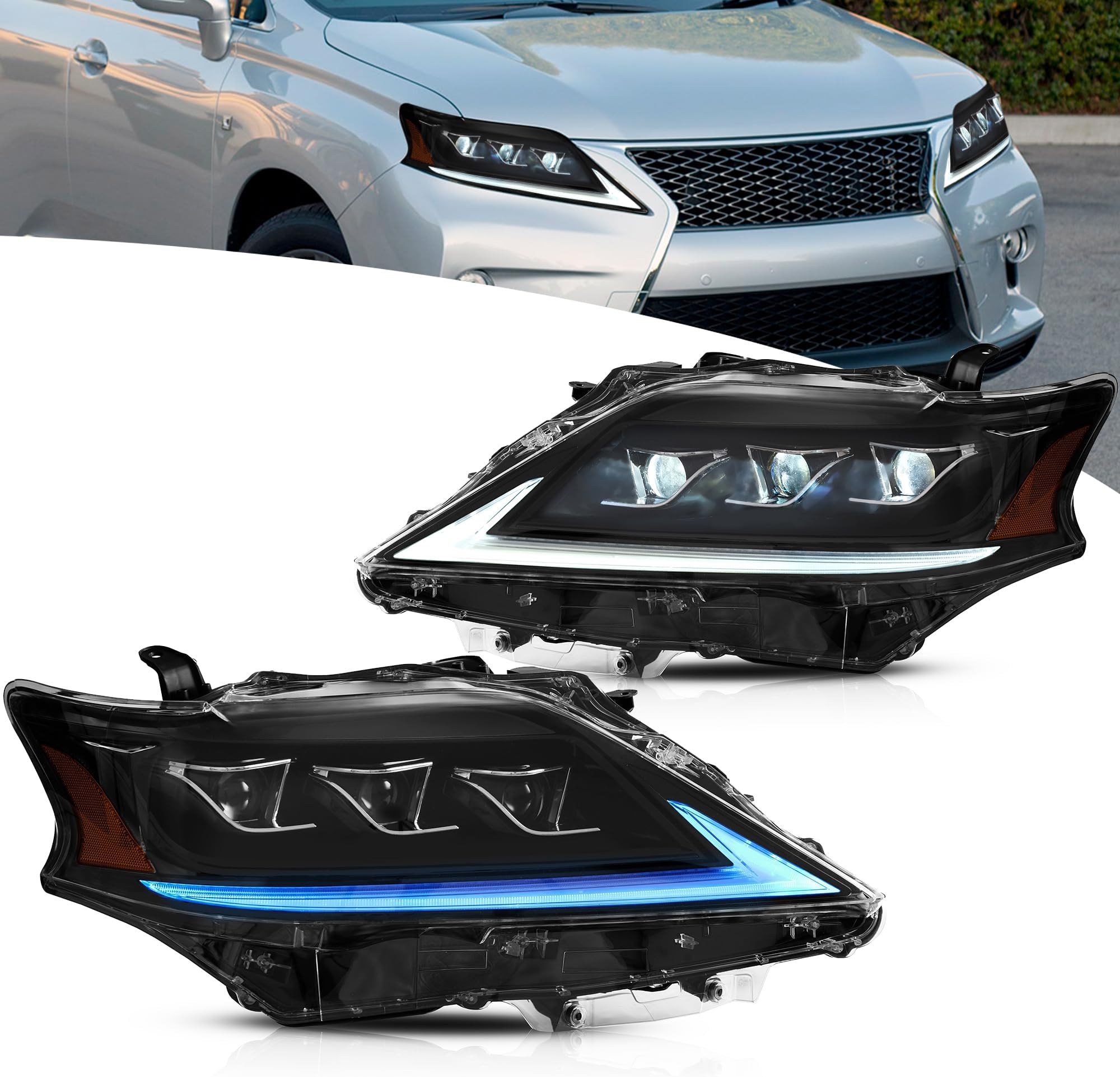 VLAND Headlights Compatible with 3rd Gen 2013-2015 Lexus RX270 RX300 RX350 RX450h facelift, Front Headlamp with Sequential Turn Signal, 1 Pair (Amber Reflector)