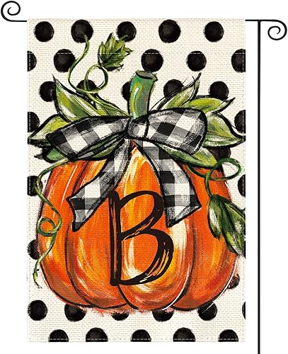 AVOIN colorlife Bandera de jardín con monograma de otoño con letra B, diseño de calabaza, con diseño de lunares, 12 x 18 pulgadas, doble cara en el