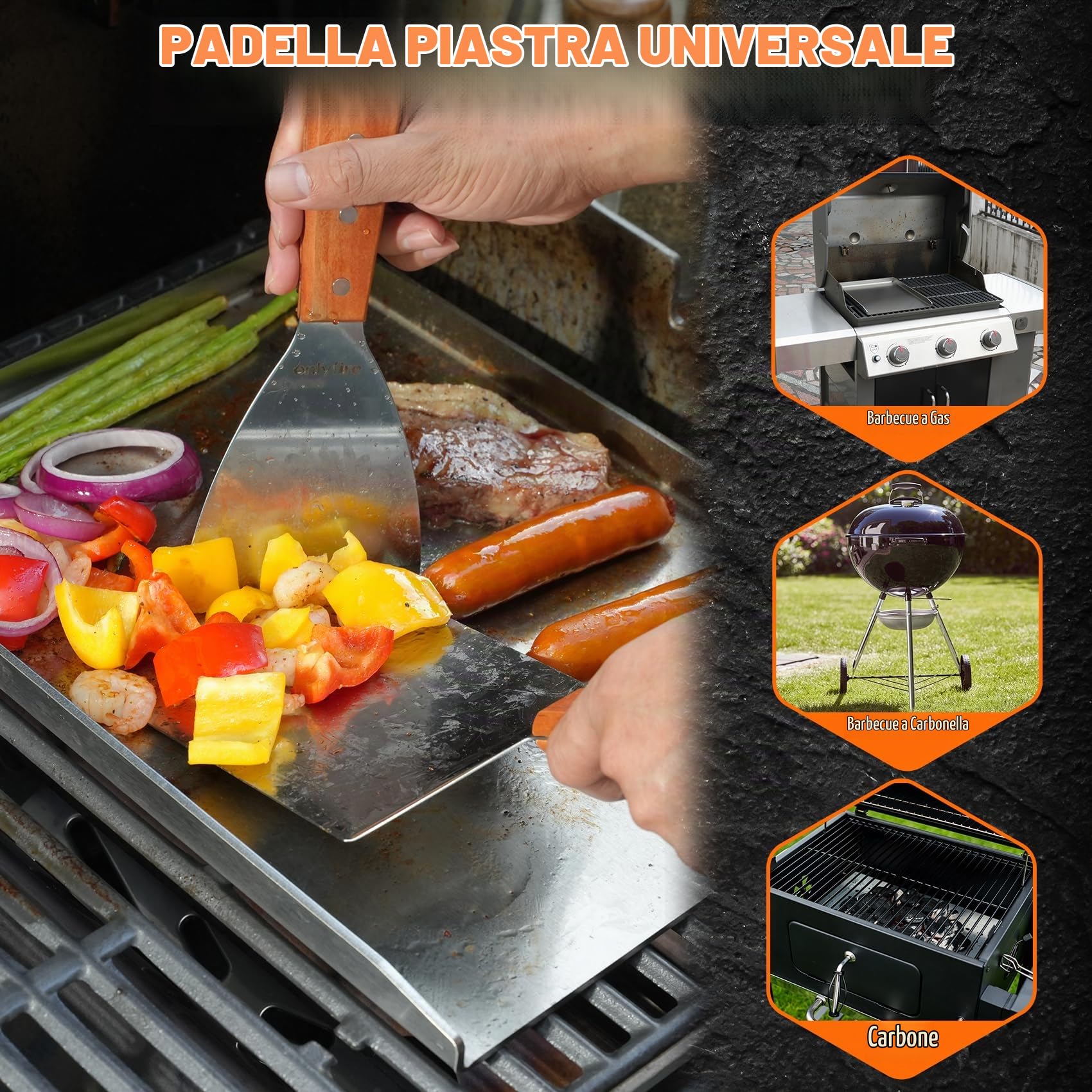 Onlyfire Piastra per Grill in Acciaio Inox con 1 Raschietto per Barbecue e 1 Spatola per Piastra per BBQ a Carbone o a Gas, Accessori per Griglie, 40×30×2.5 cm