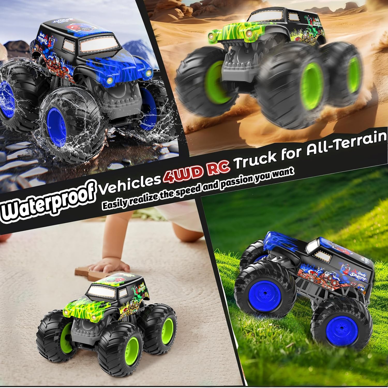 1:14 Waterproof Remote Control Car, Front & Rear Wheelie Monster Truck, Amphibious RC Truck with 2 Sets of Rechargeable Batteries and AAA Batteries, 4WD Off-Road Vehicle for Kids Ages 6-12