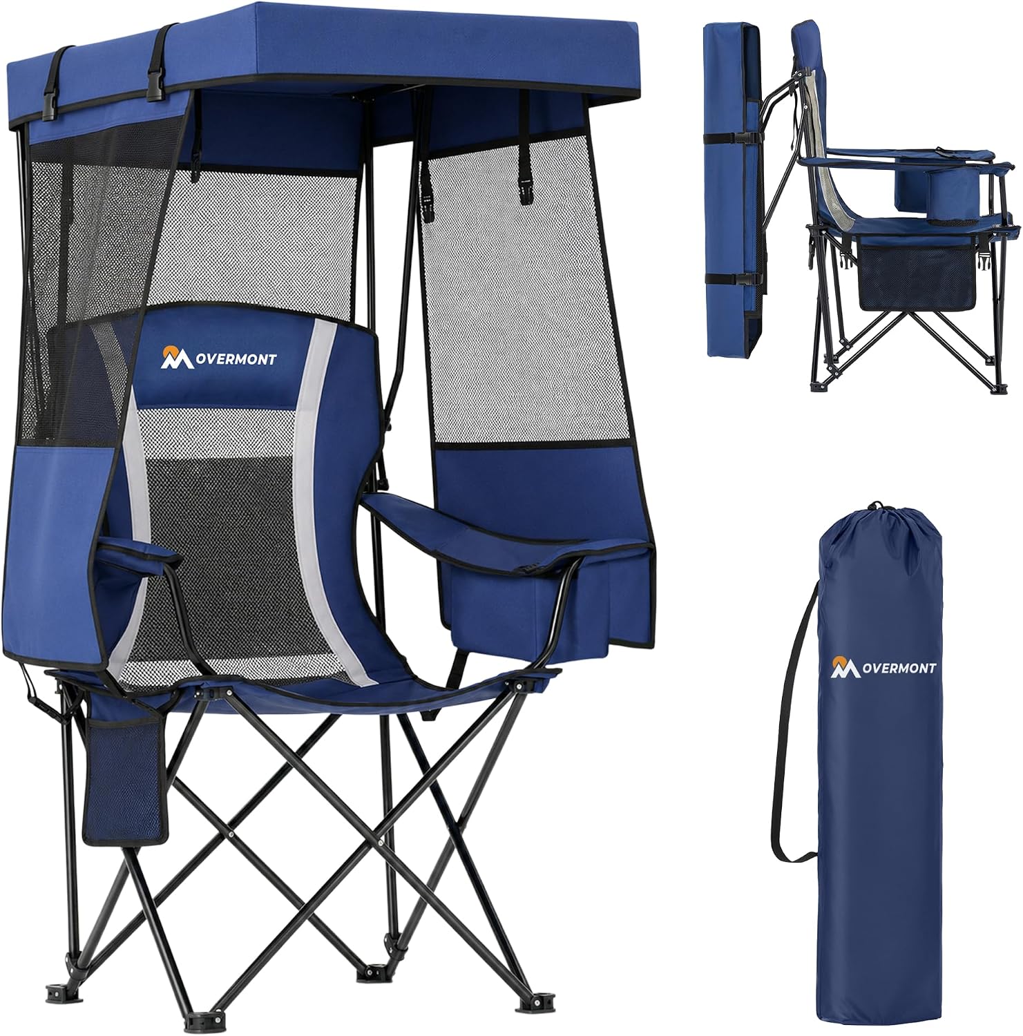 Overmont Camping Chair with Canopy - Folding Chair with Adjustable Sunshade | Full Sun Protection, Reinforced 600D Fabric, Cup Holder, Portable for Beach Picnics Fishing Outdoor Sports, Support 400 LBS